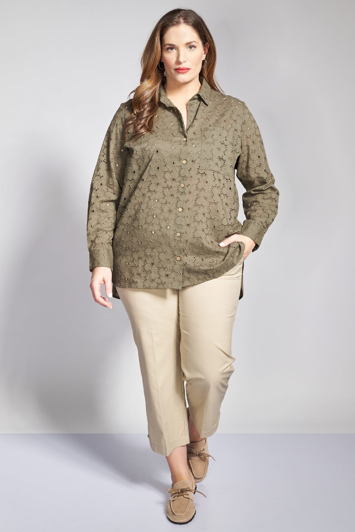 Cotton broderie anglaise long shirt - Khaki