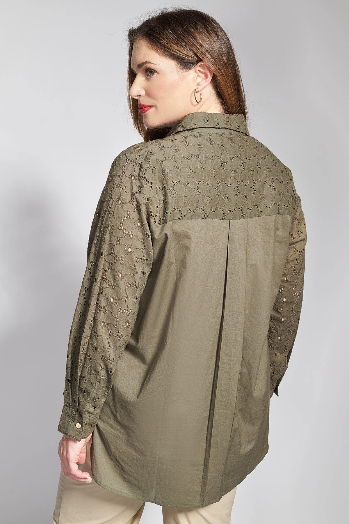 Cotton broderie anglaise long shirt - Khaki