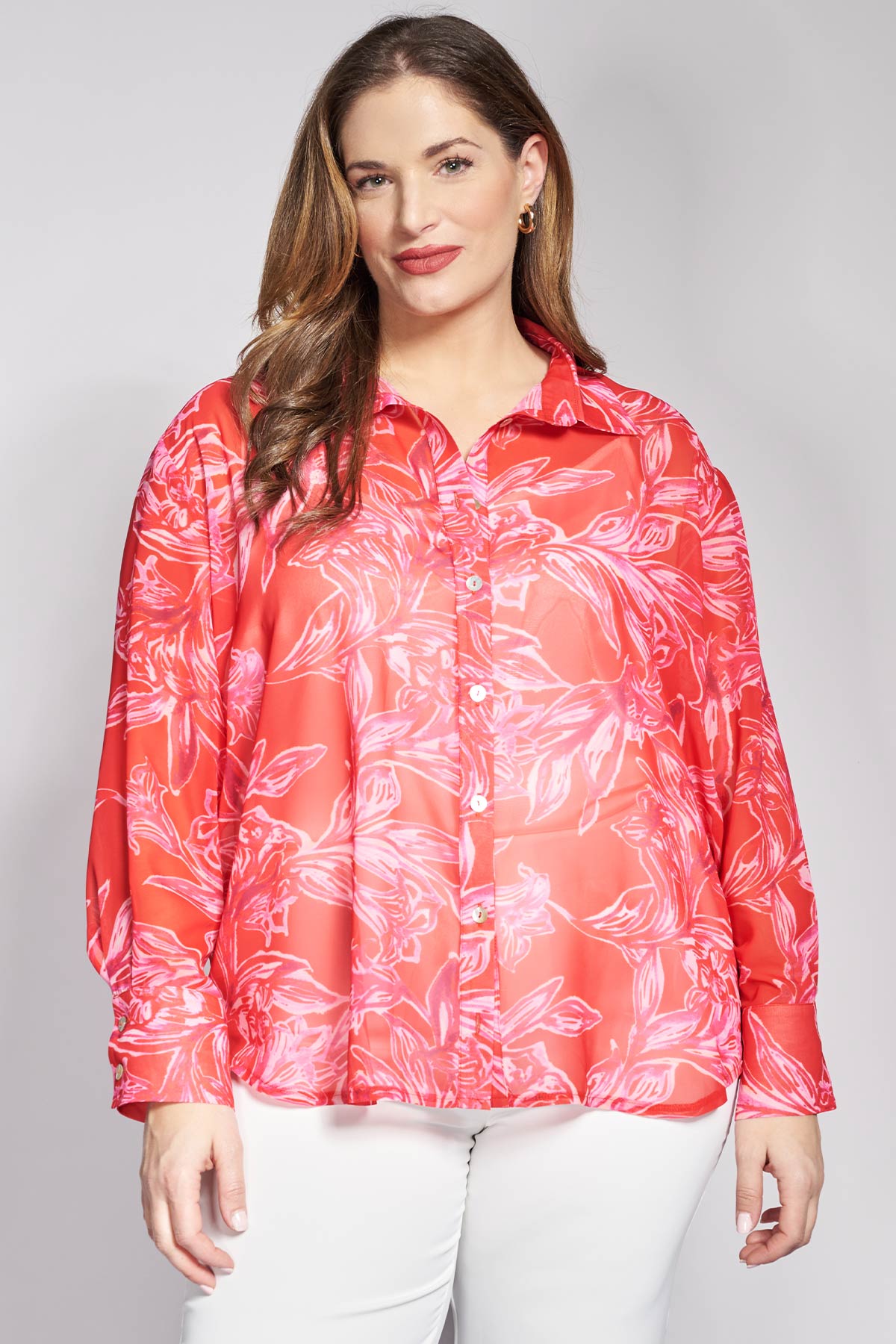 Floral printed semi-sheer chiffon shirt - Red