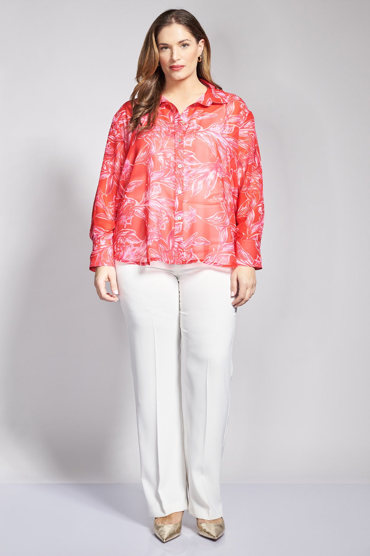 Floral printed semi-sheer chiffon shirt - Red