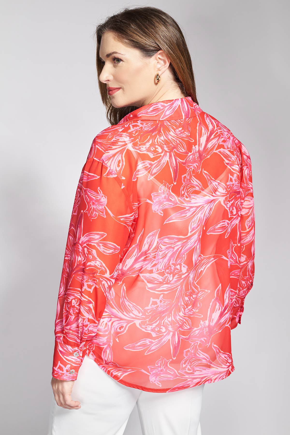 Floral printed semi-sheer chiffon shirt - Red