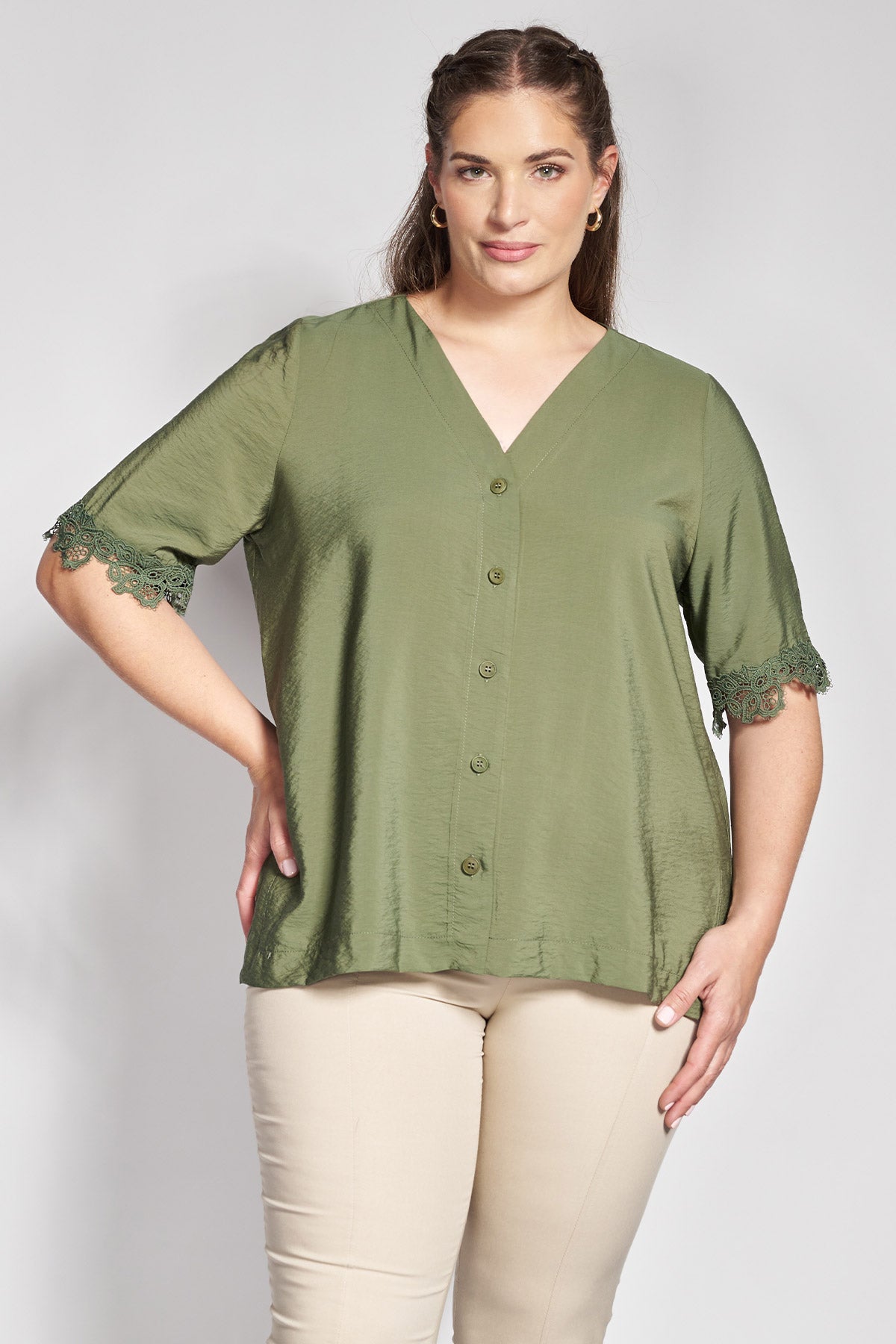 Linen-Look Shirt with Lace on Sleeves - Khaki