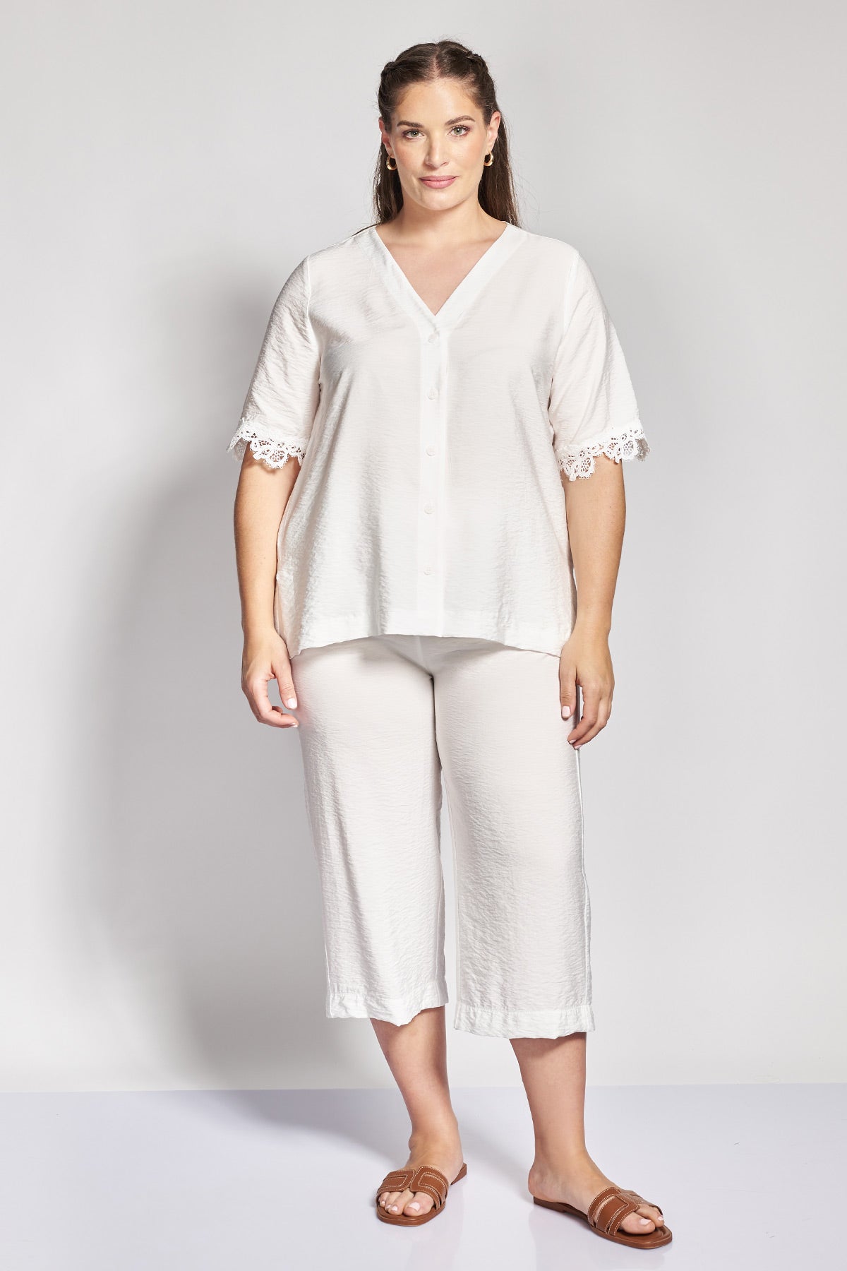 Linen-Look Shirt with Lace on Sleeves - Ecru