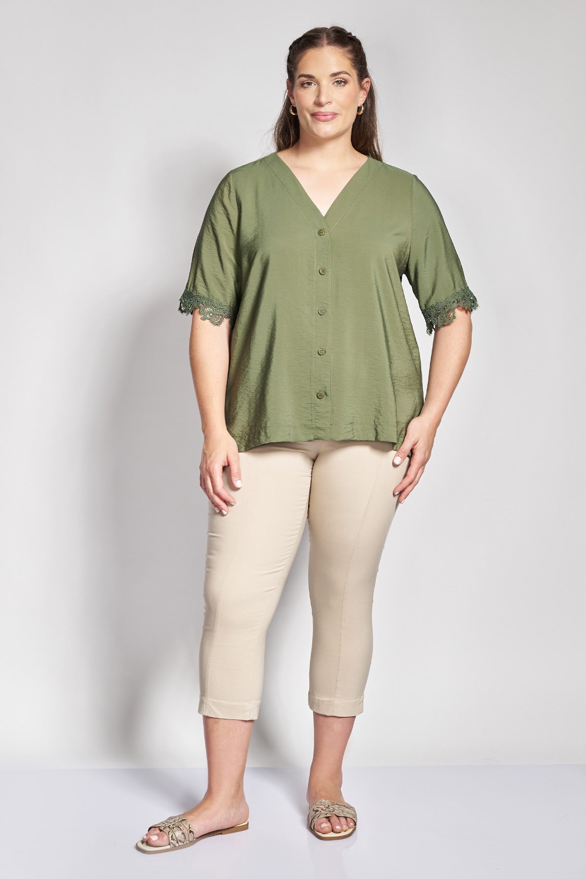 Linen-Look Shirt with Lace on Sleeves - Khaki
