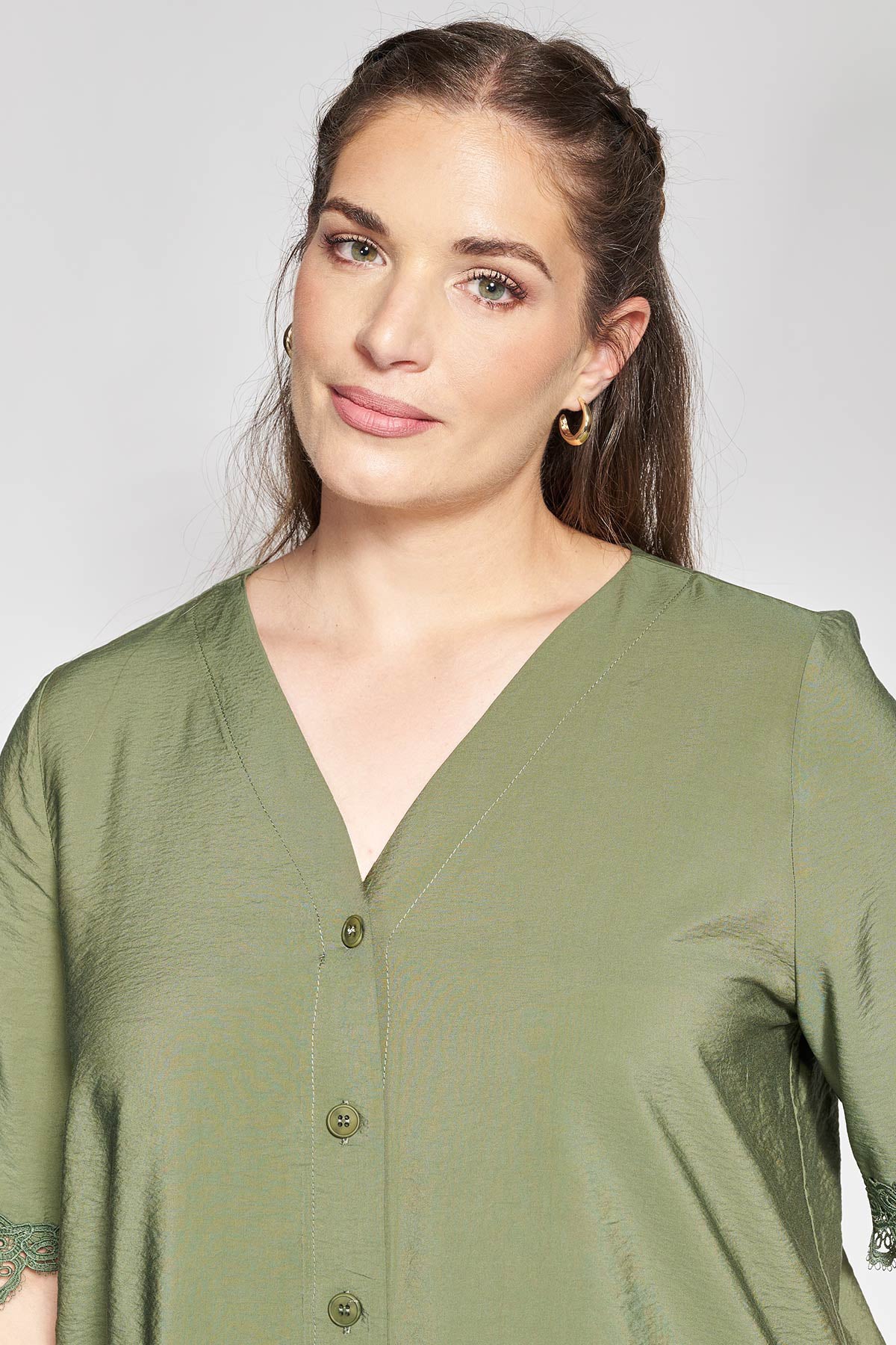 Linen-Look Shirt with Lace on Sleeves - Khaki