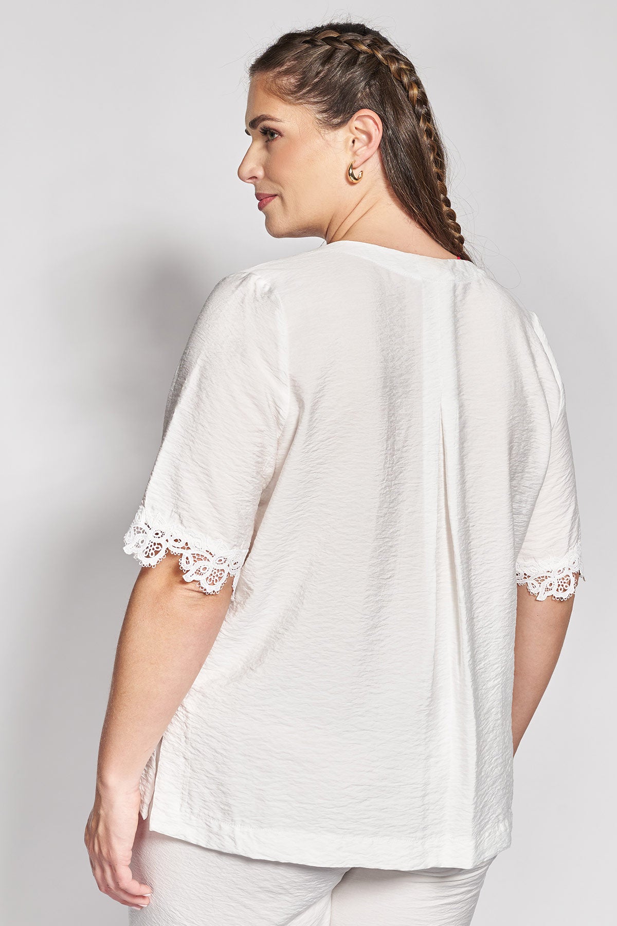 Linen-Look Shirt with Lace on Sleeves - Ecru