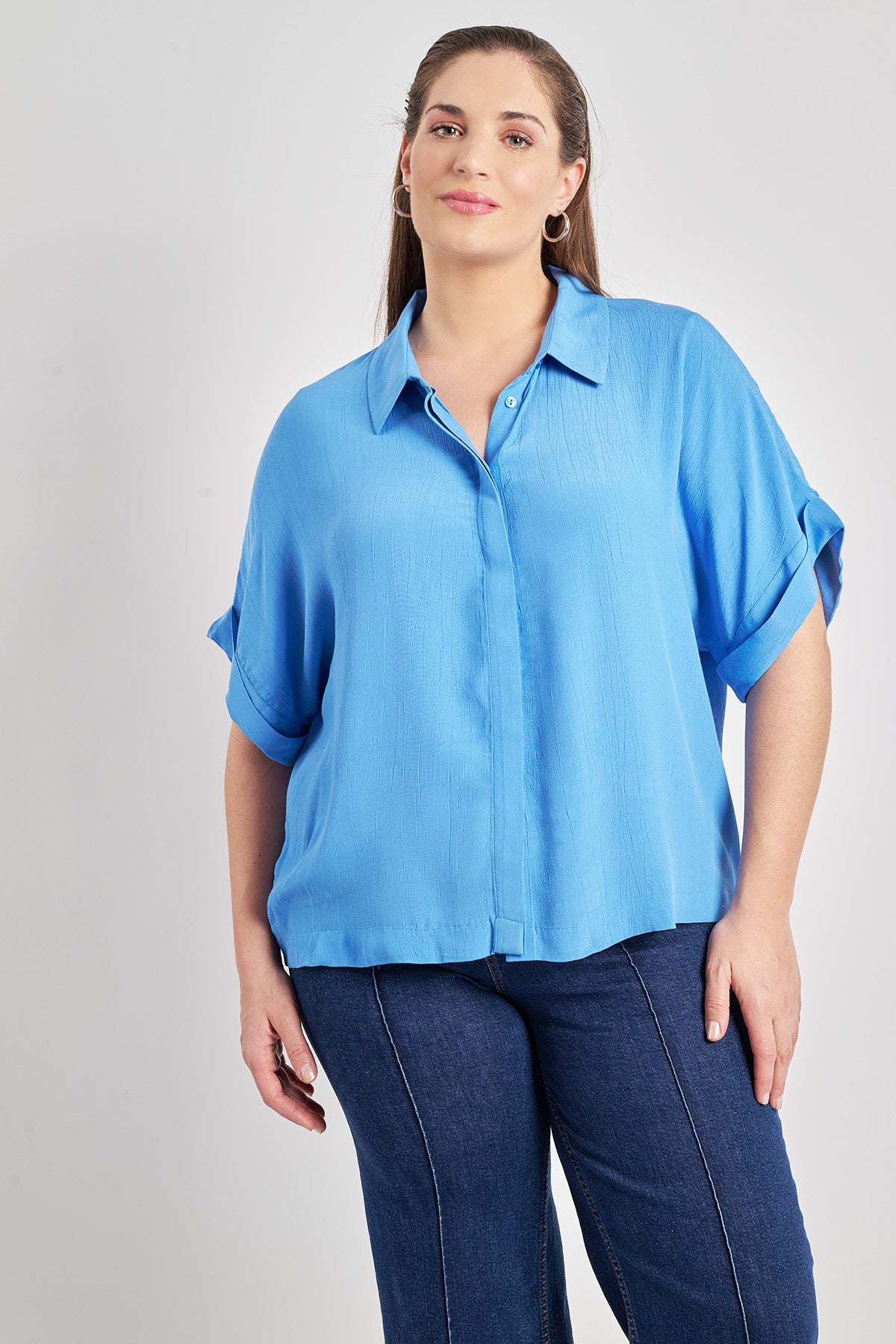 Viscose boxy shirt with folded hem sleeves - Indigo