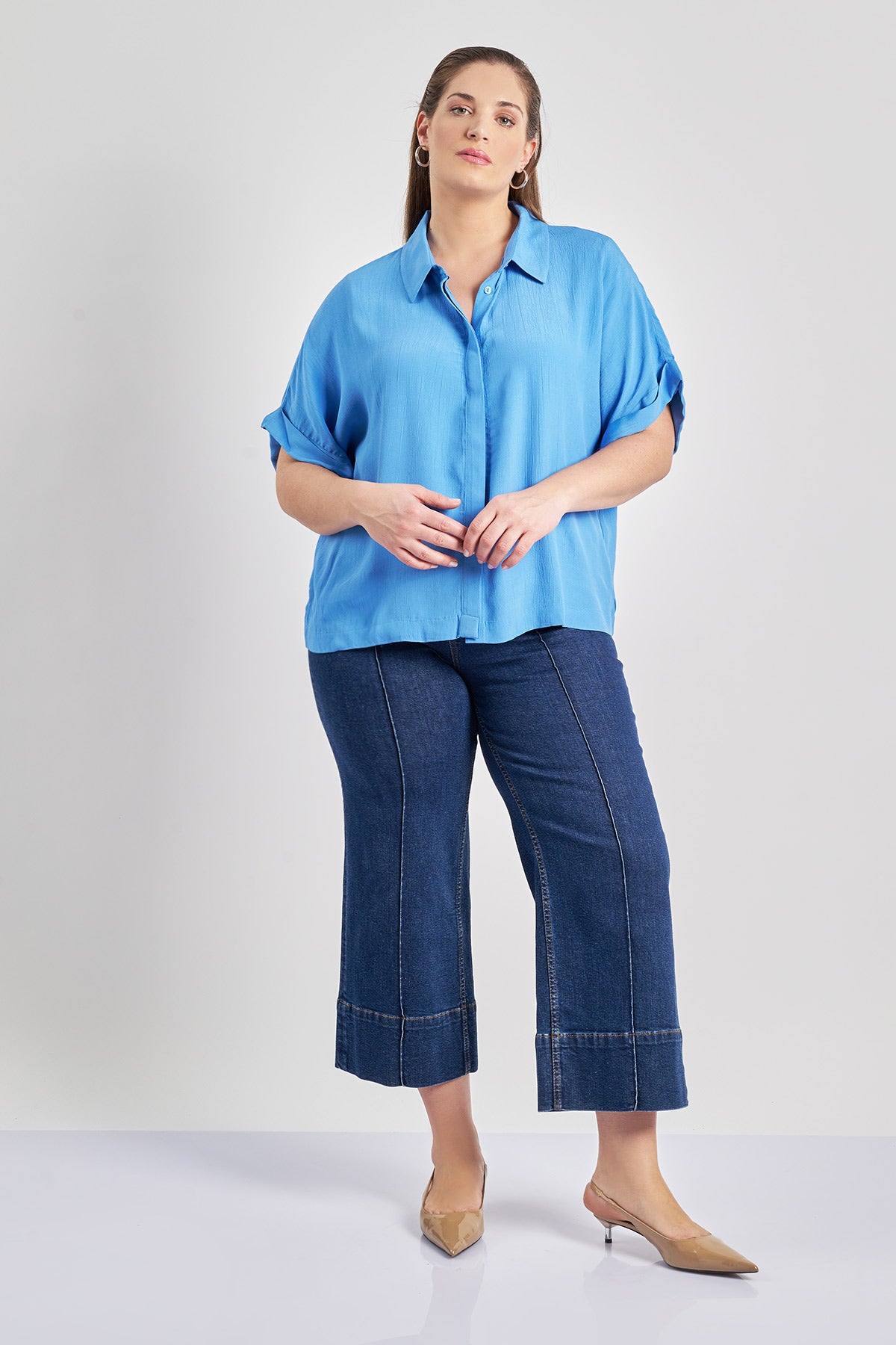 Viscose boxy shirt with folded hem sleeves - Indigo