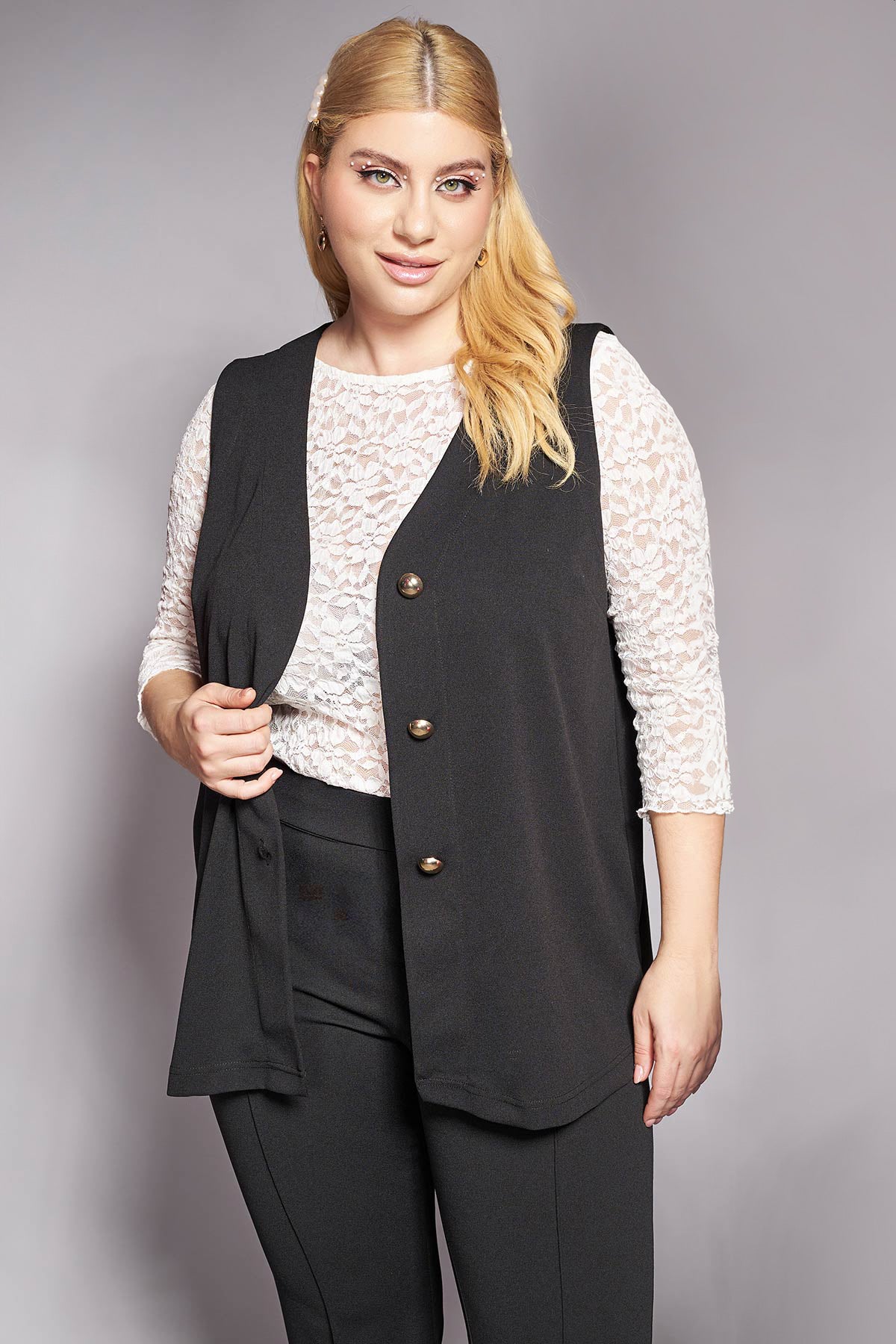 PRBT sleeveless vest in scuba crepe with buttons - Black