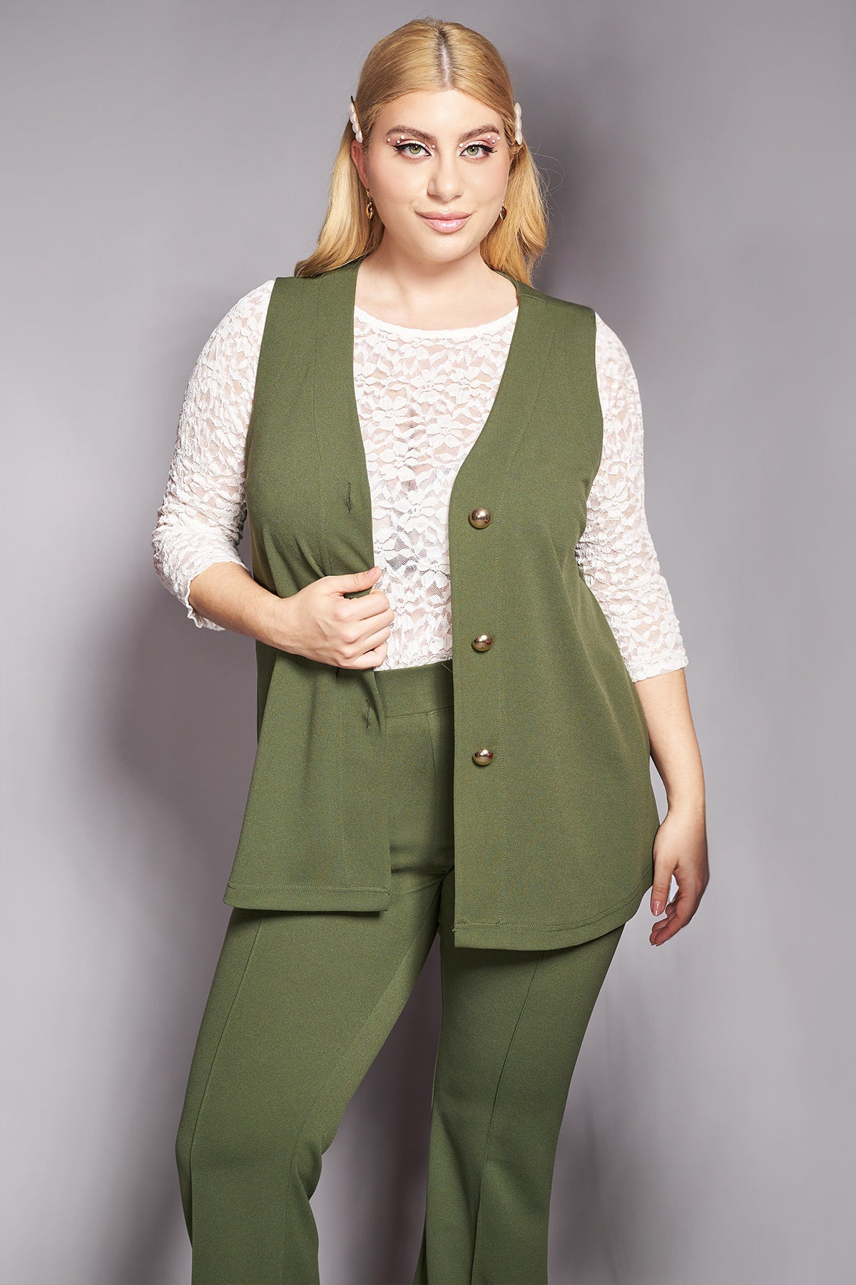 PRBT sleeveless vest in scuba crepe with buttons - Khaki