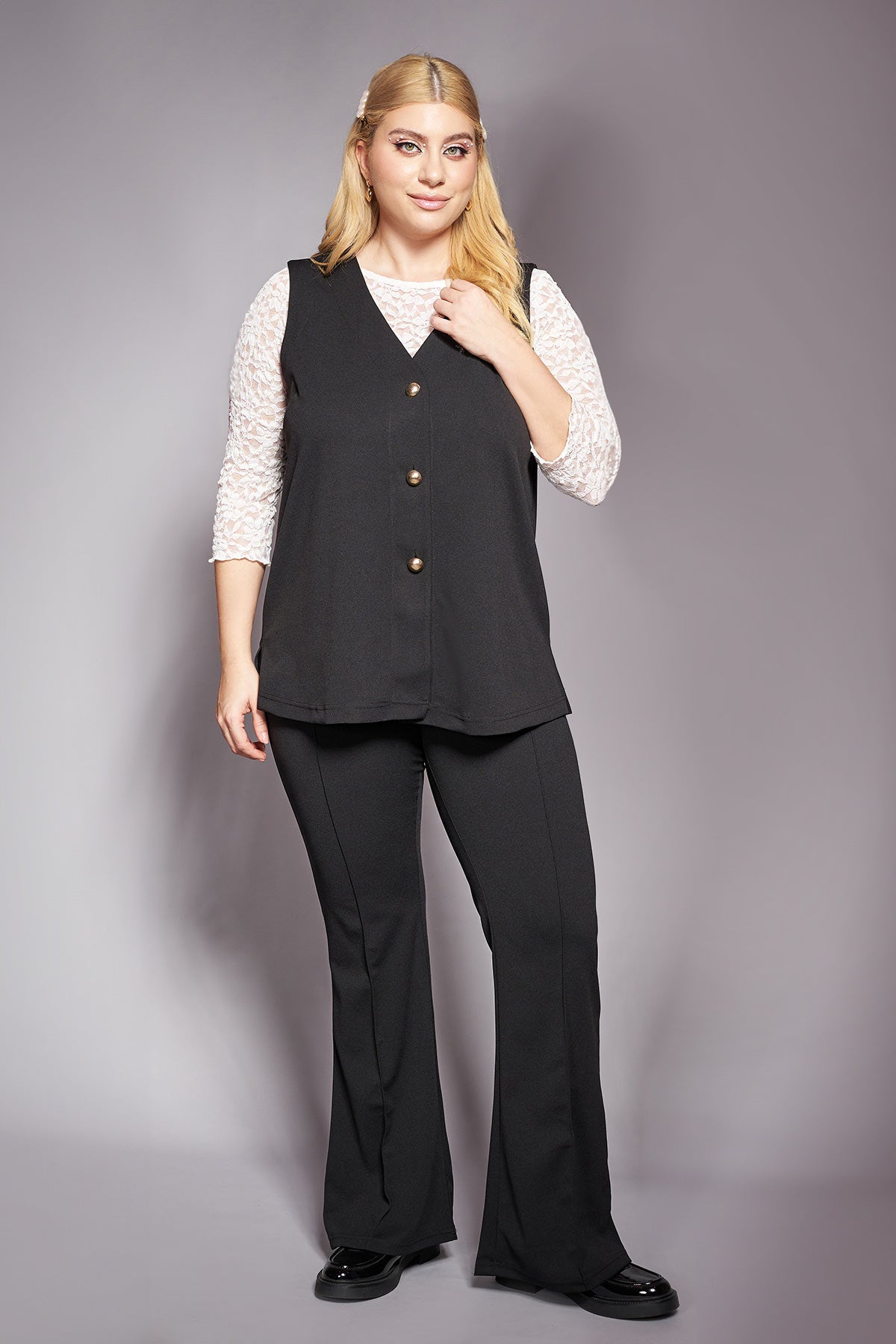 PRBT sleeveless vest in scuba crepe with buttons - Black