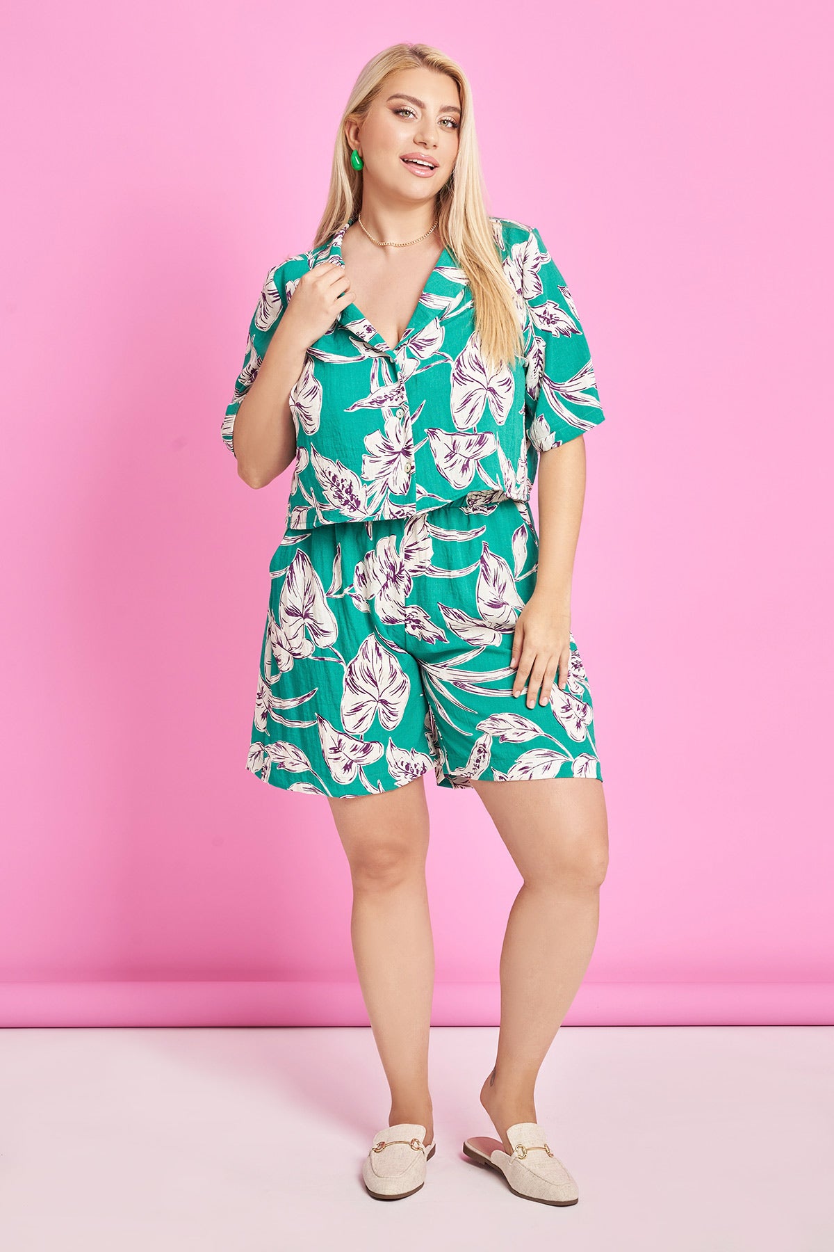 PRBT cropped shirt linen look floral print - Green