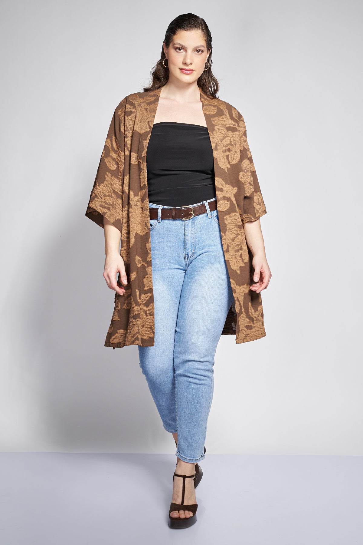 PRBT Floral Pattern Jacquard Kimono - Brown