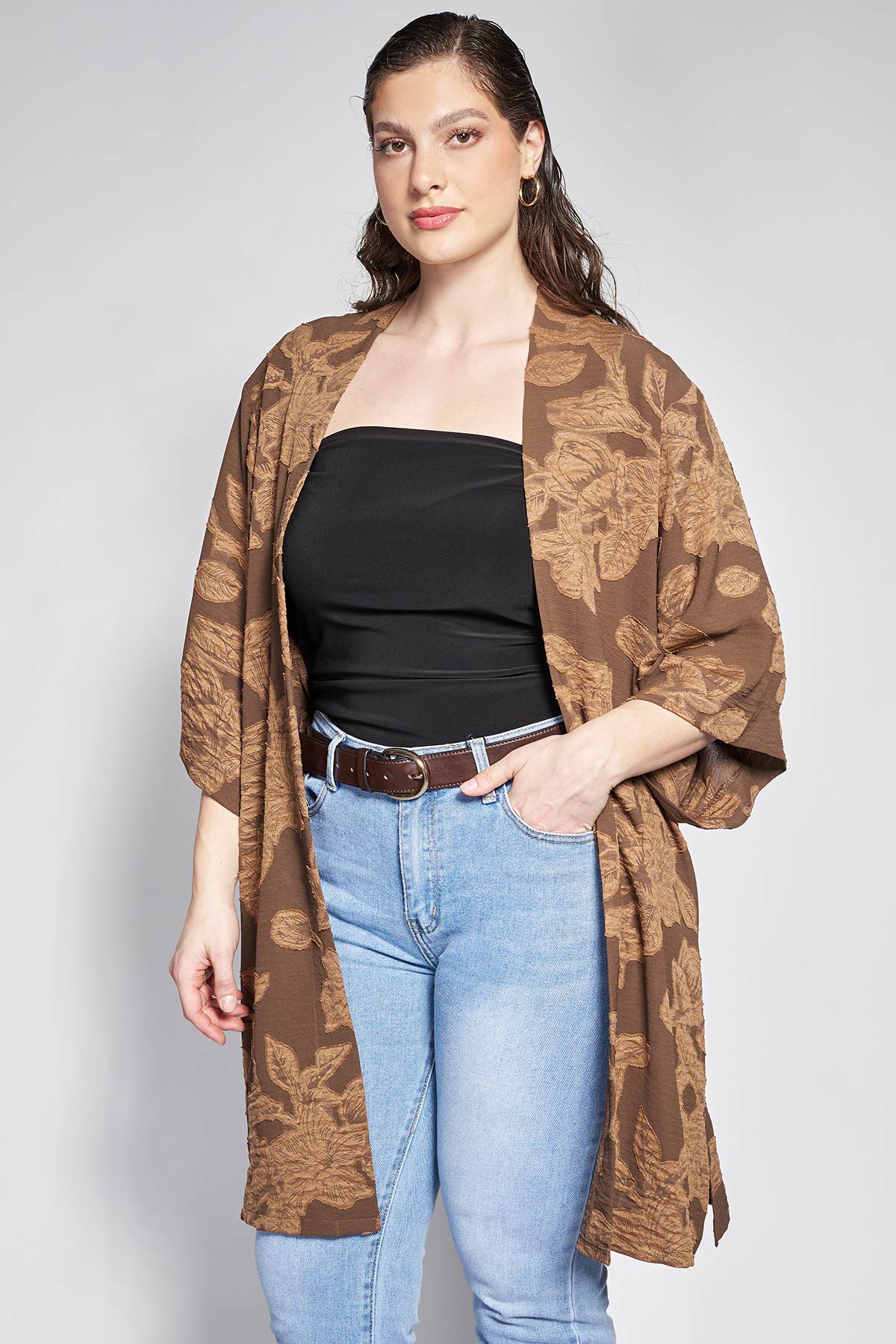 PRBT Floral Pattern Jacquard Kimono - Brown