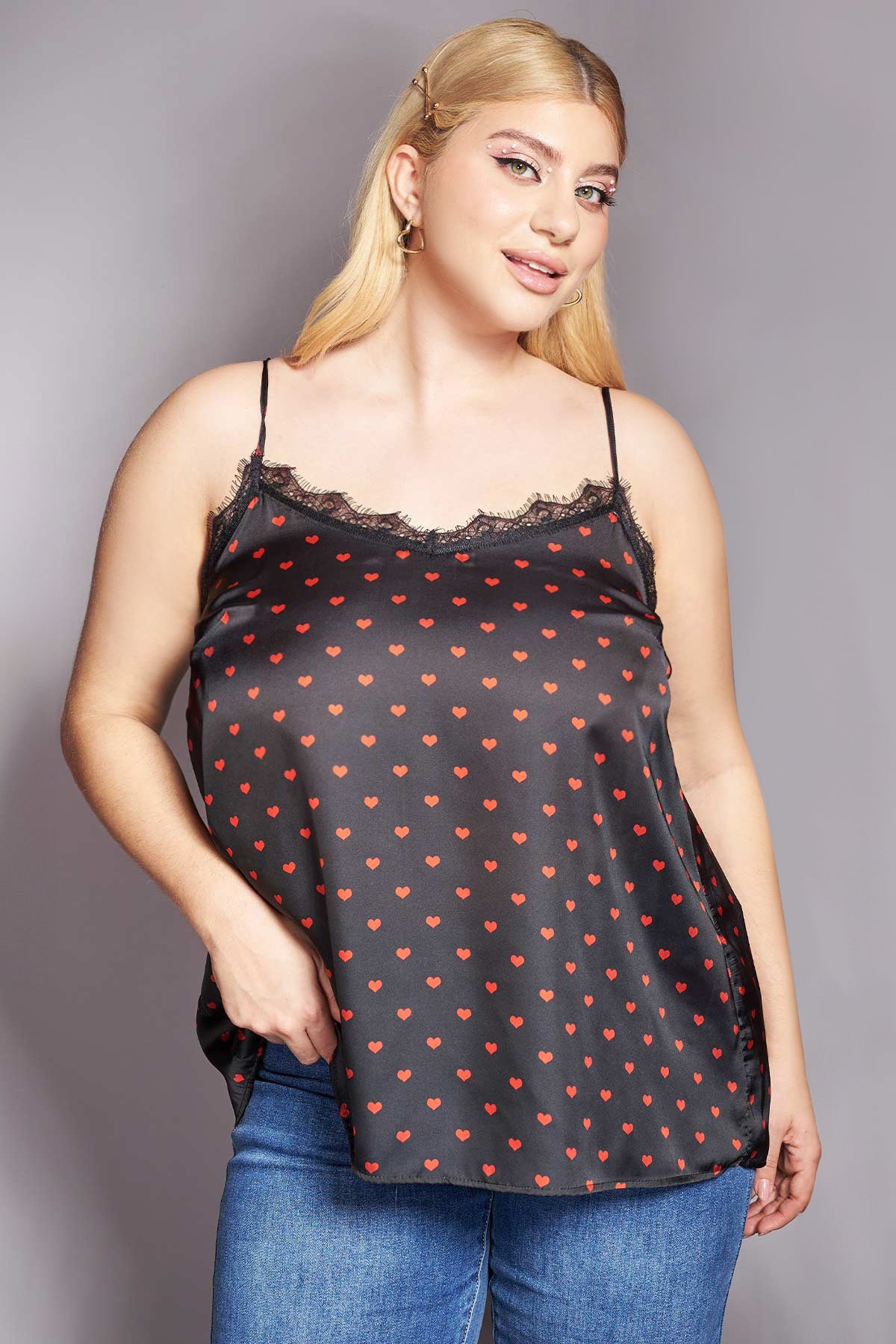 PRBT Lingerie Satin top printed with hearts - Black