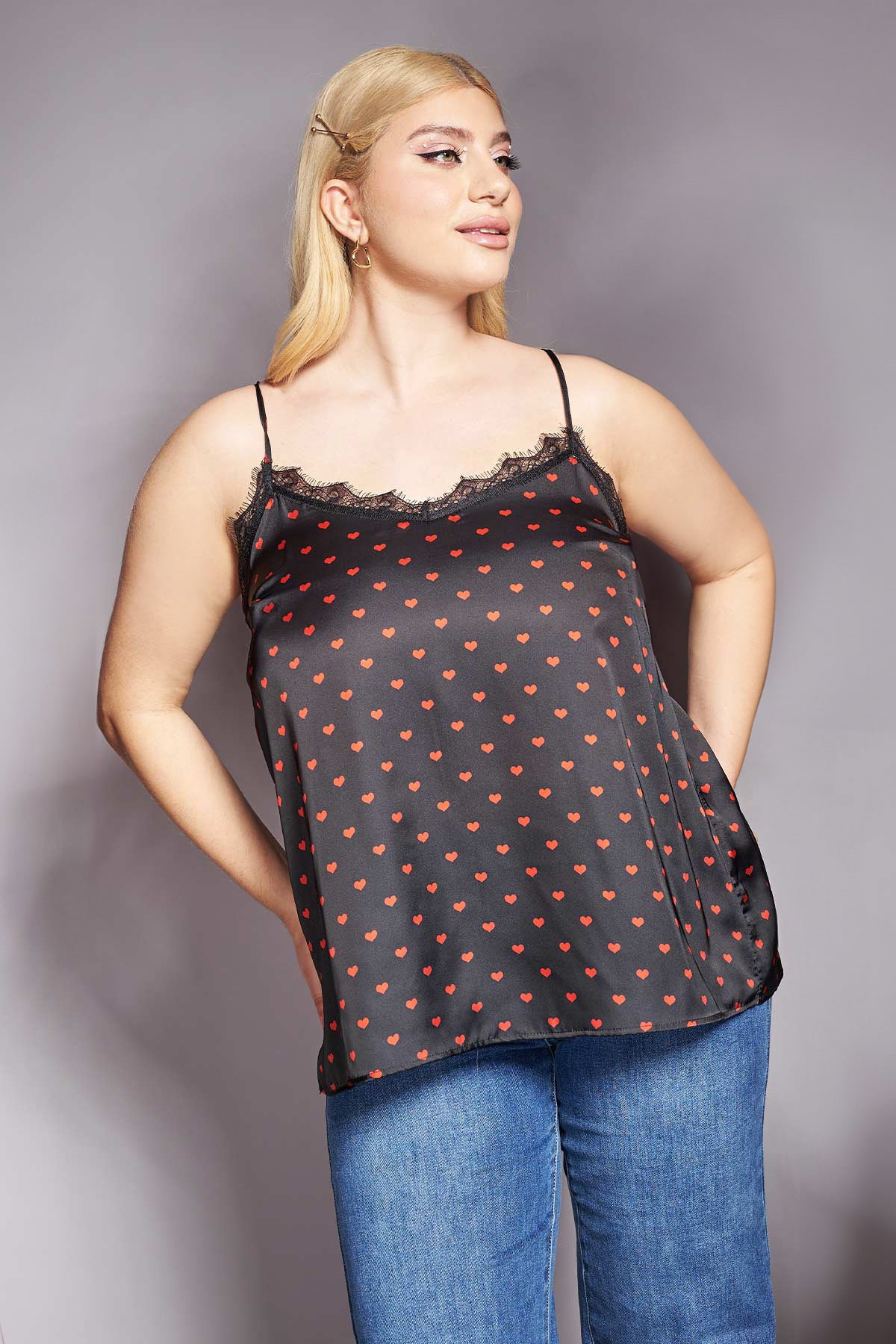 PRBT Lingerie Satin top printed with hearts - Black