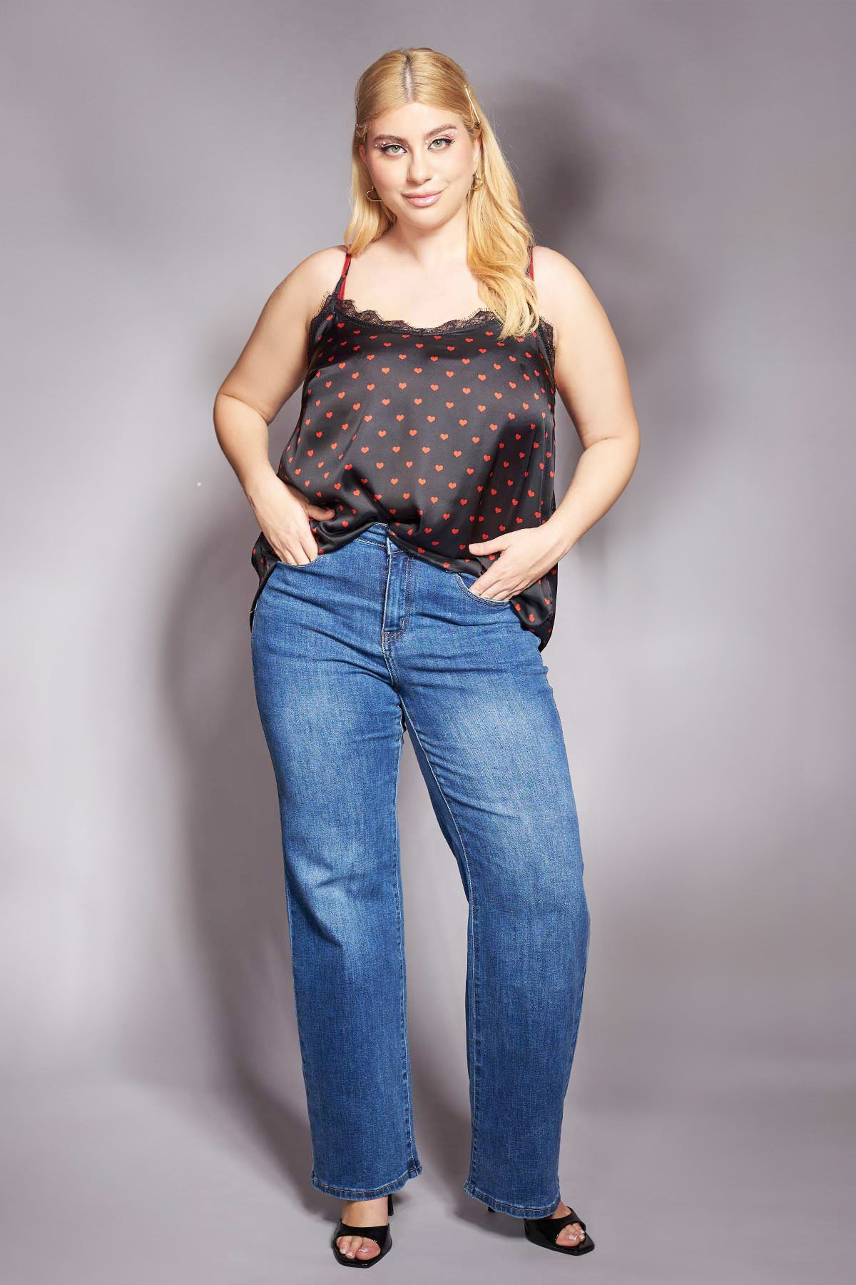 PRBT Lingerie Satin top printed with hearts - Black
