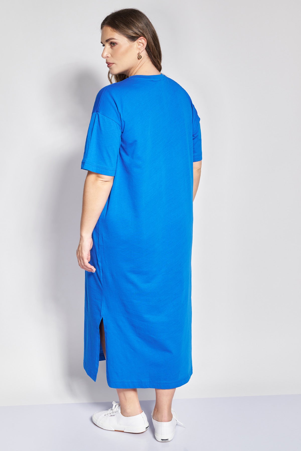Maxi Cotton T-Shirt Dress with logo Print - Royal Blue