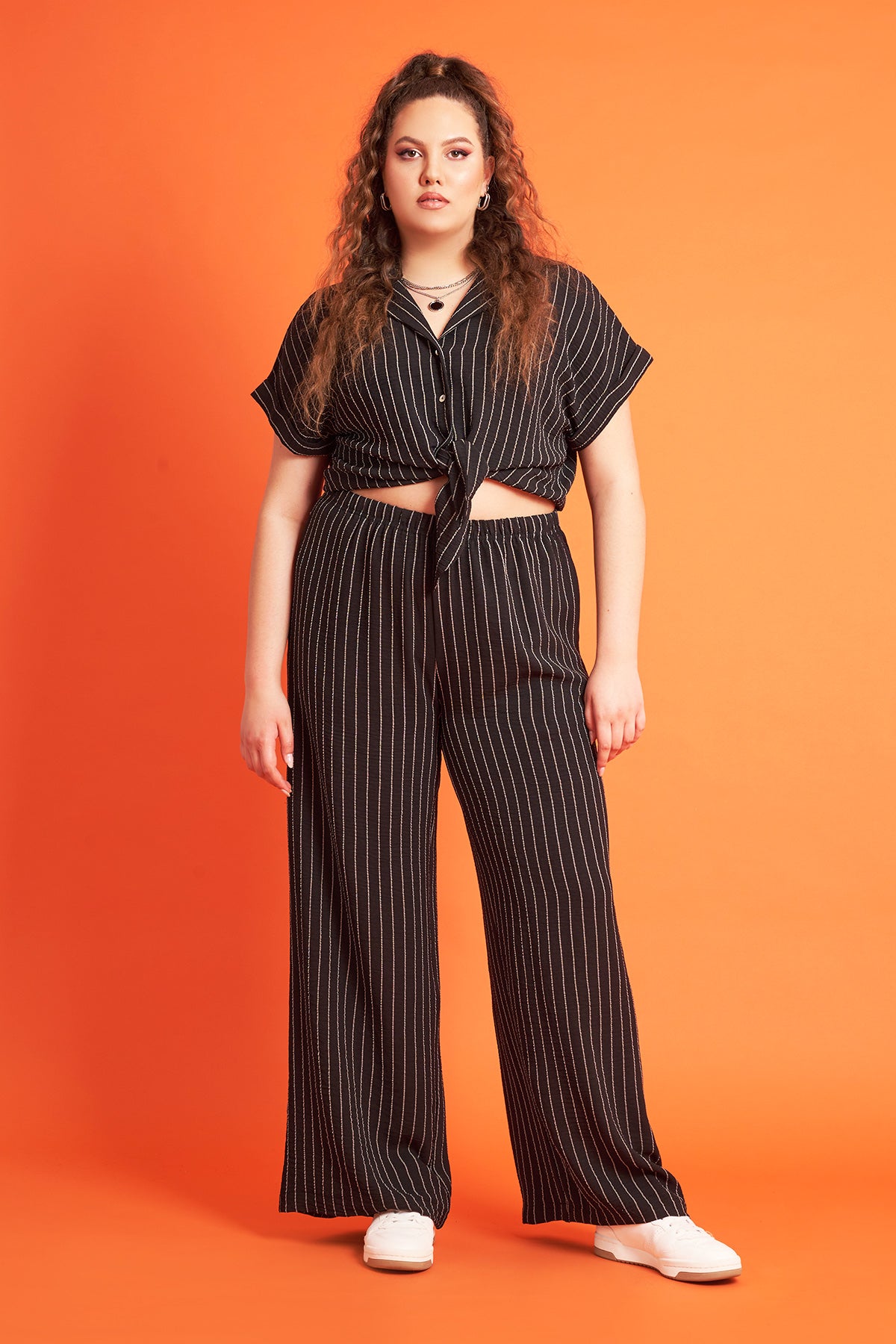 PRBT pinstripe linen look shirt with ties - Black