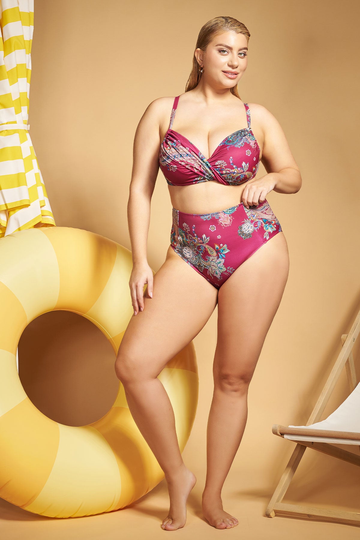High-Waisted Boho Floral Bikini Bottom - Bordeaux