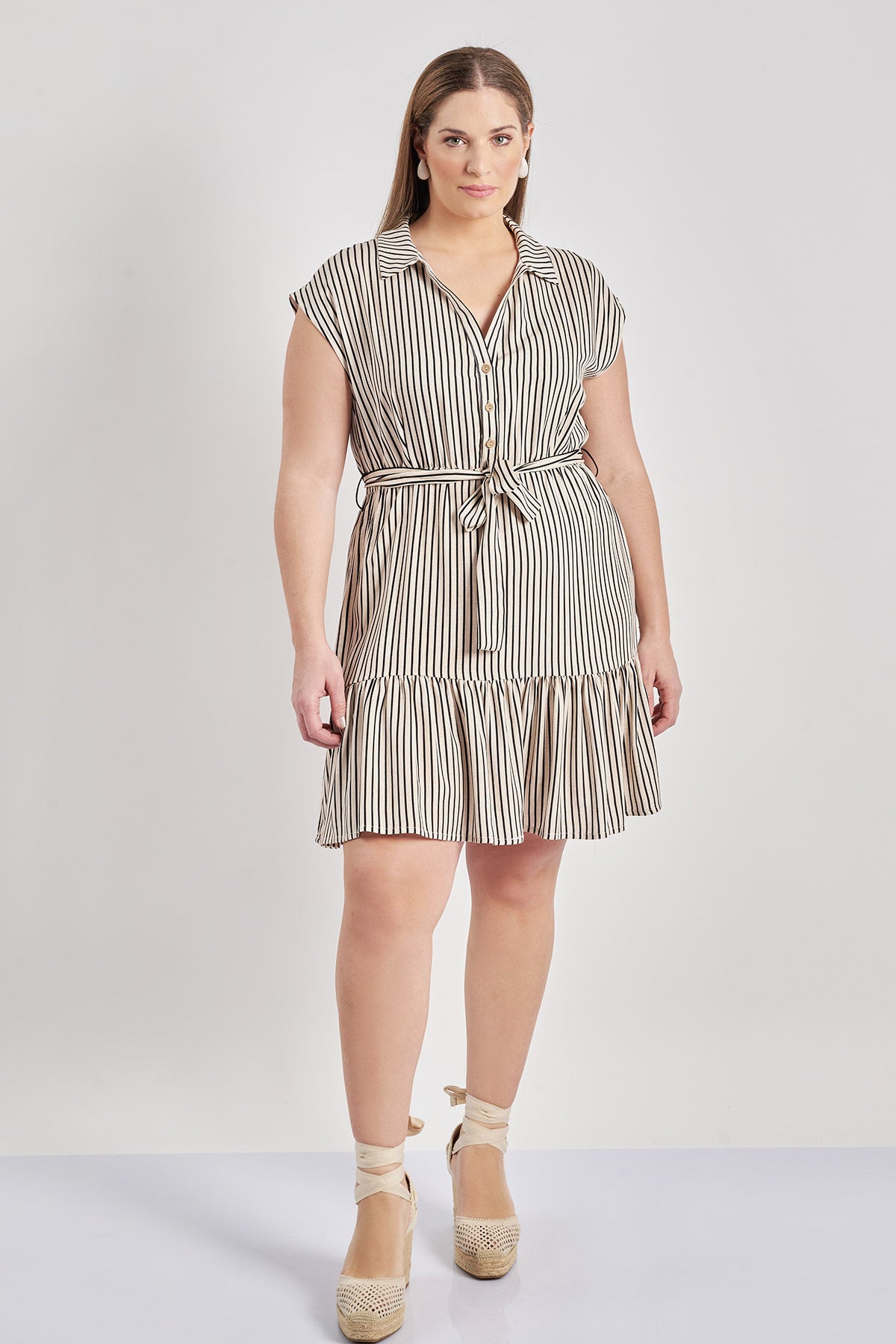 Mini striped viscose dress with ruffle - Ecru