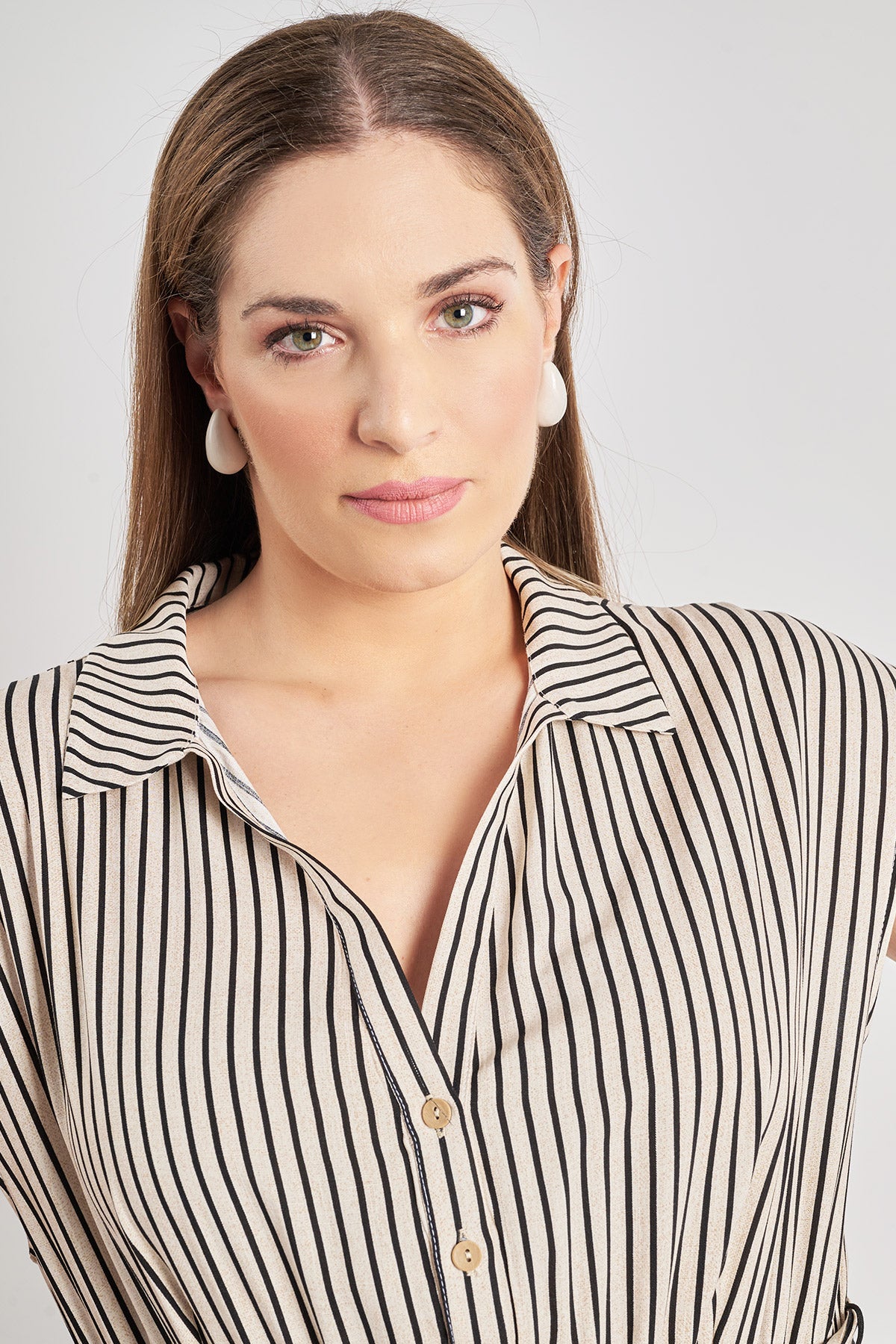 Mini striped viscose dress with ruffle - Ecru