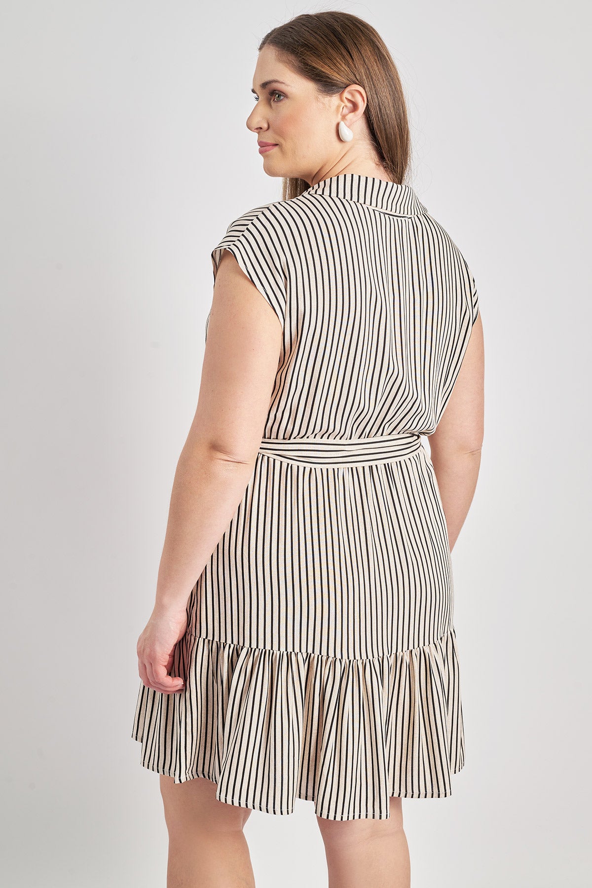 Mini striped viscose dress with ruffle - Ecru