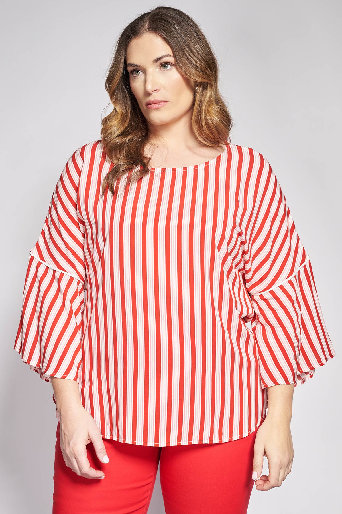 Striped poplin blouse with ruffles on the sleeves - Red