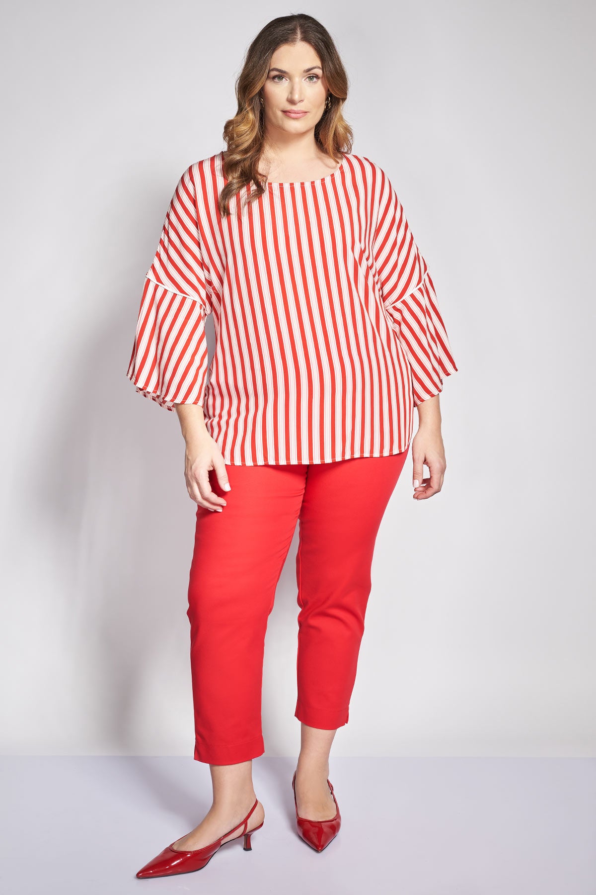 Striped poplin blouse with ruffles on the sleeves - Red