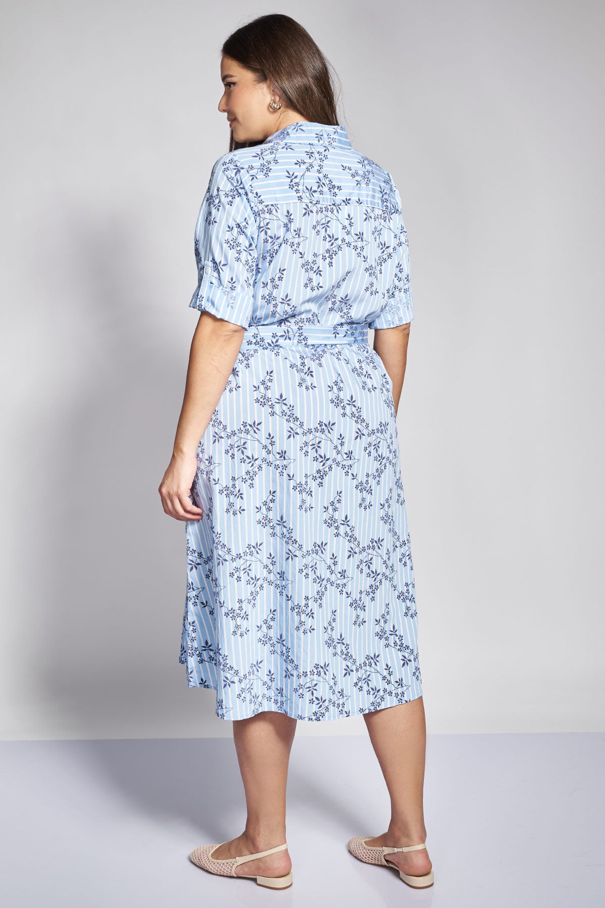 Striped Shirt Dress with Floral Print and Belt - Ciel