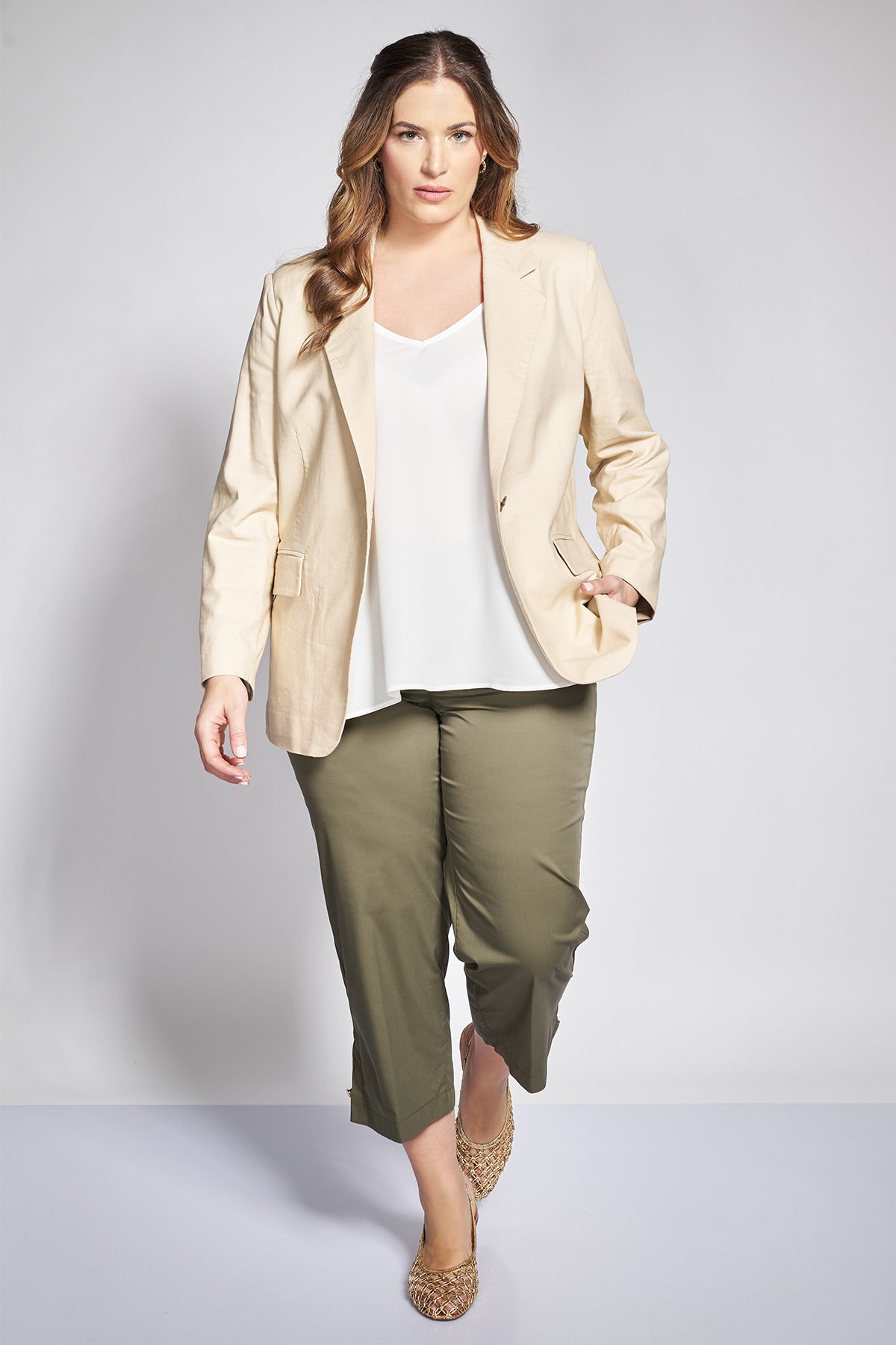 Linen blend blazer with one button closure - Beige