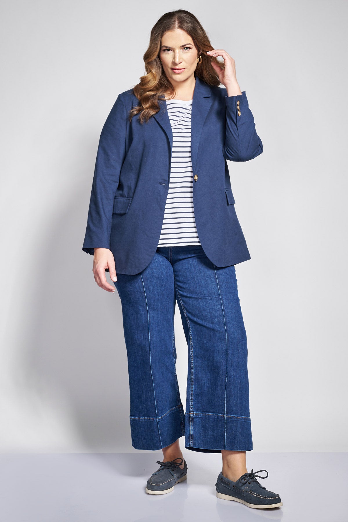 Linen blend blazer with one button closure - Blue