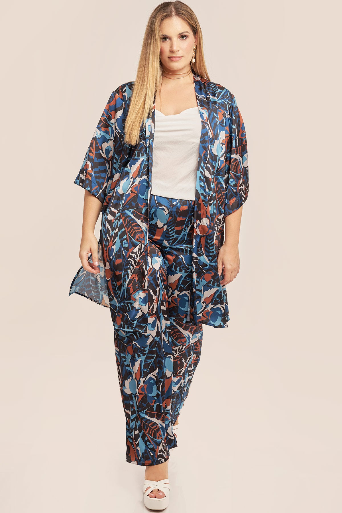 Satin trousers in botanical print - Blue