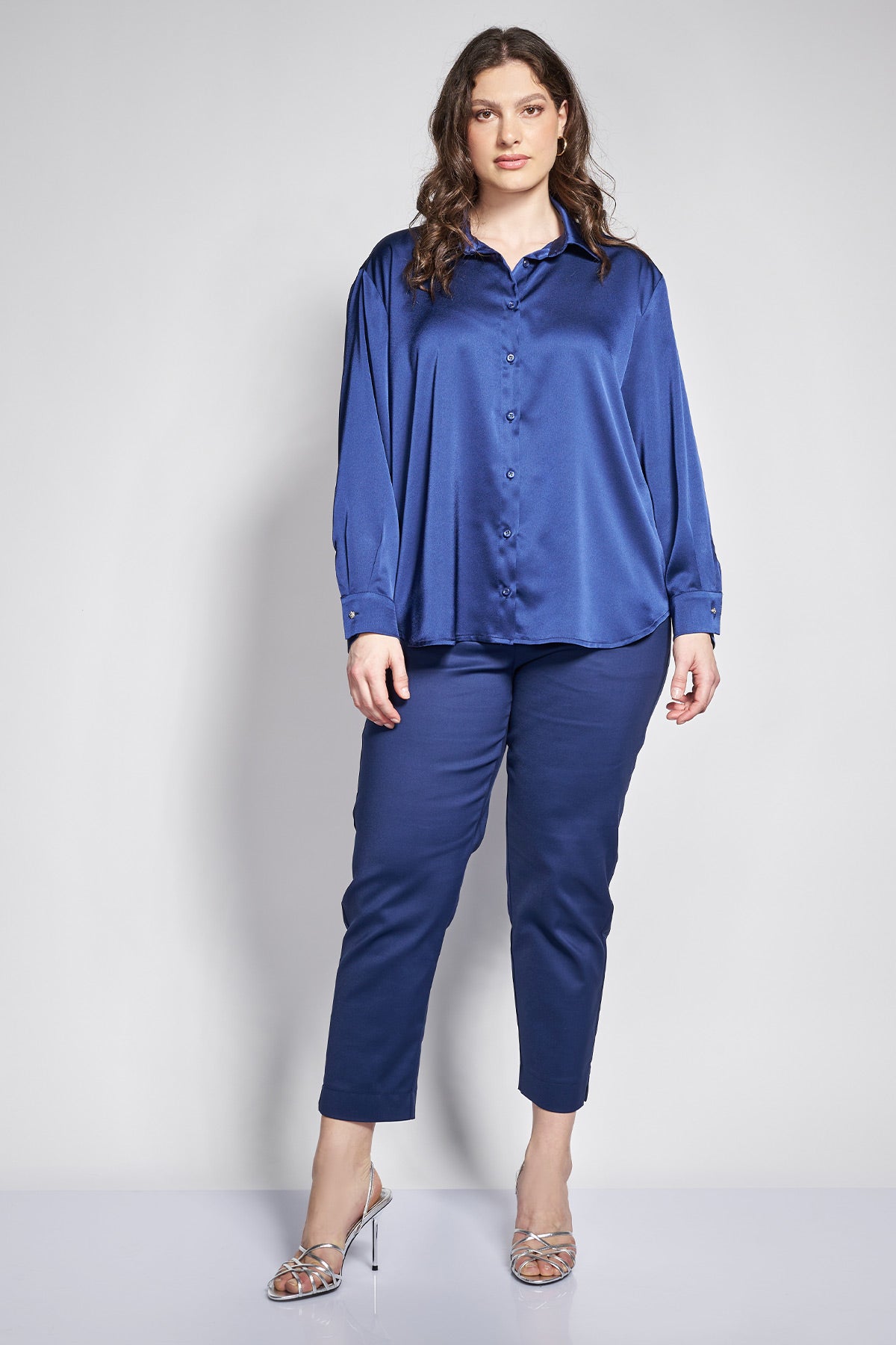 Satin Shirt with Jewel Buttons - Blue