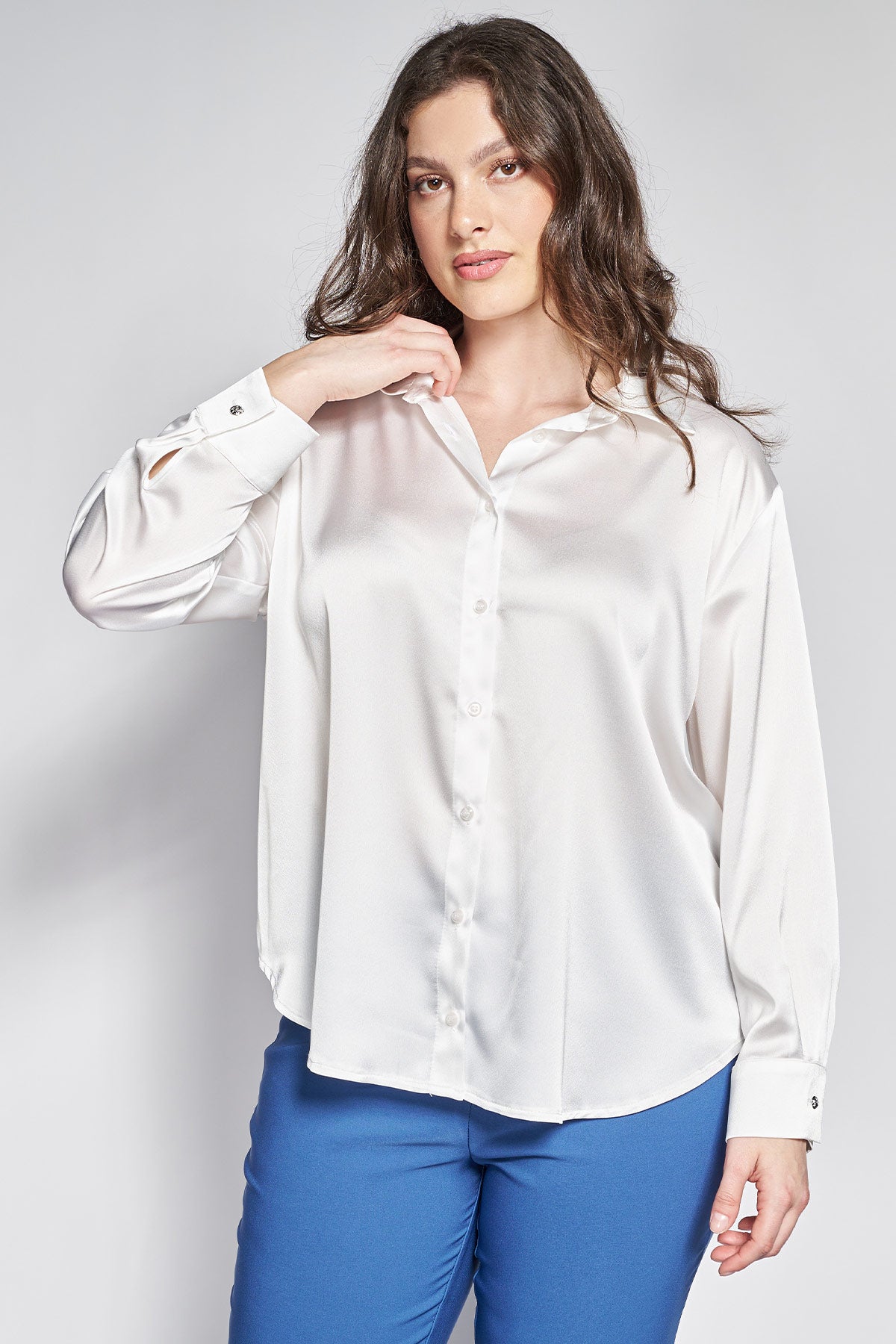 Satin Shirt with Jewel Buttons - Ecru