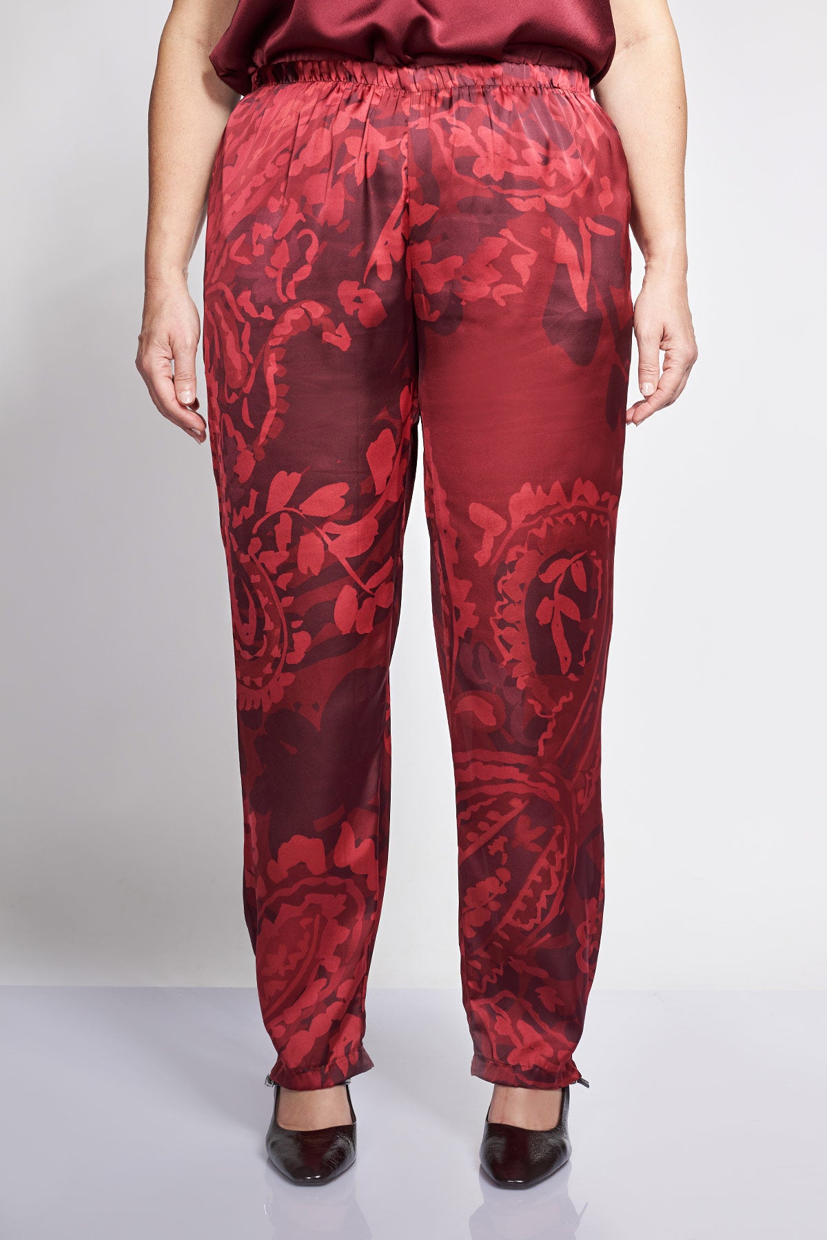 Satin floral print straight-leg pants - Bordeaux