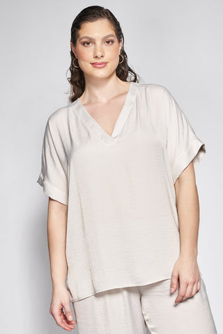 Satin V-Neck Top with Short Sleeves - Ecru