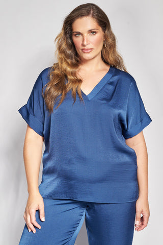 Satin V-Neck Top with Short Sleeves - Blue