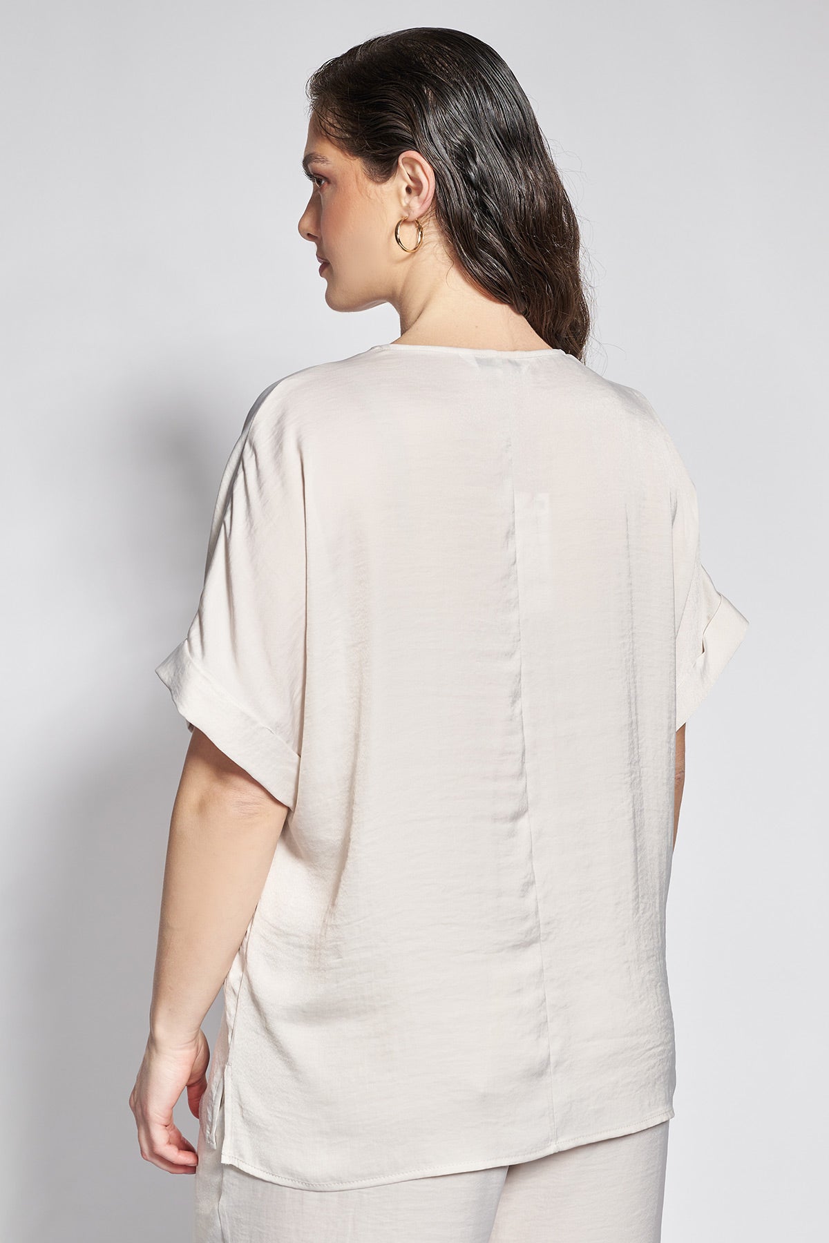 Satin V-Neck Top with Short Sleeves - Ecru