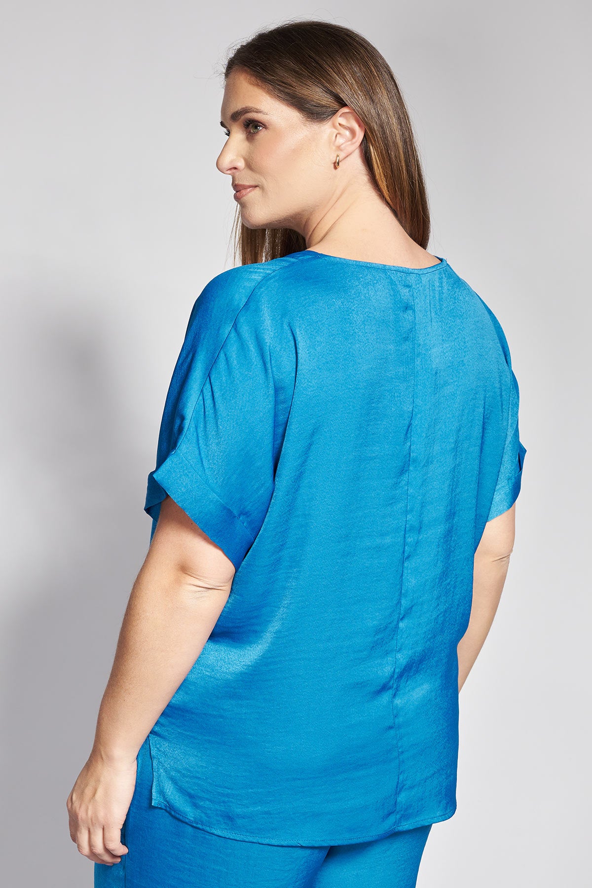 Satin V-Neck Top with Short Sleeves - Petrol Blue