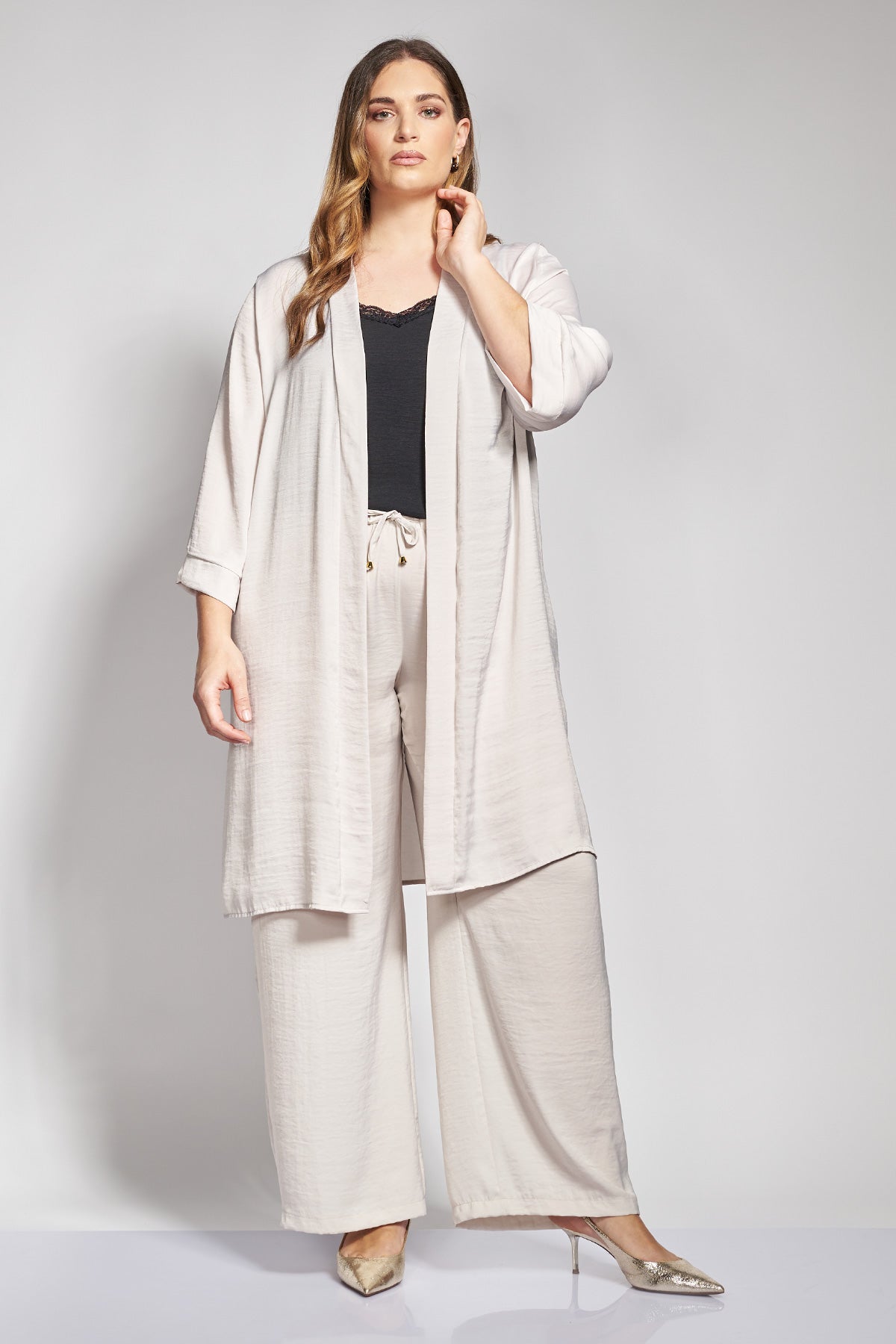 Satin Longline Kimono - Ecru