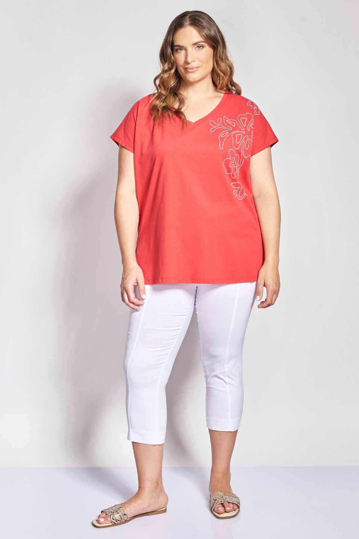 T-Shirt με στάμπα γραμμικό σχέδιο στον ώμο - Κόκκινο