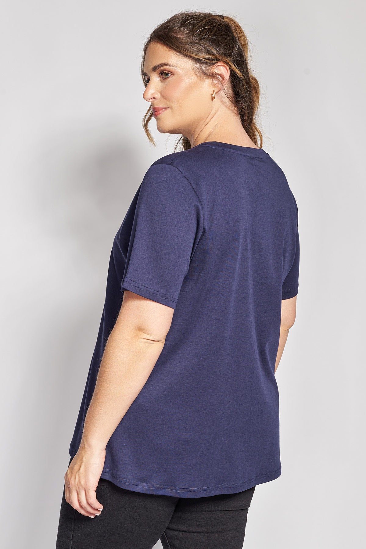 T-Shirt μονόχρωμο με V από Μερσεριζέ Βαμβάκι - Μπλε
