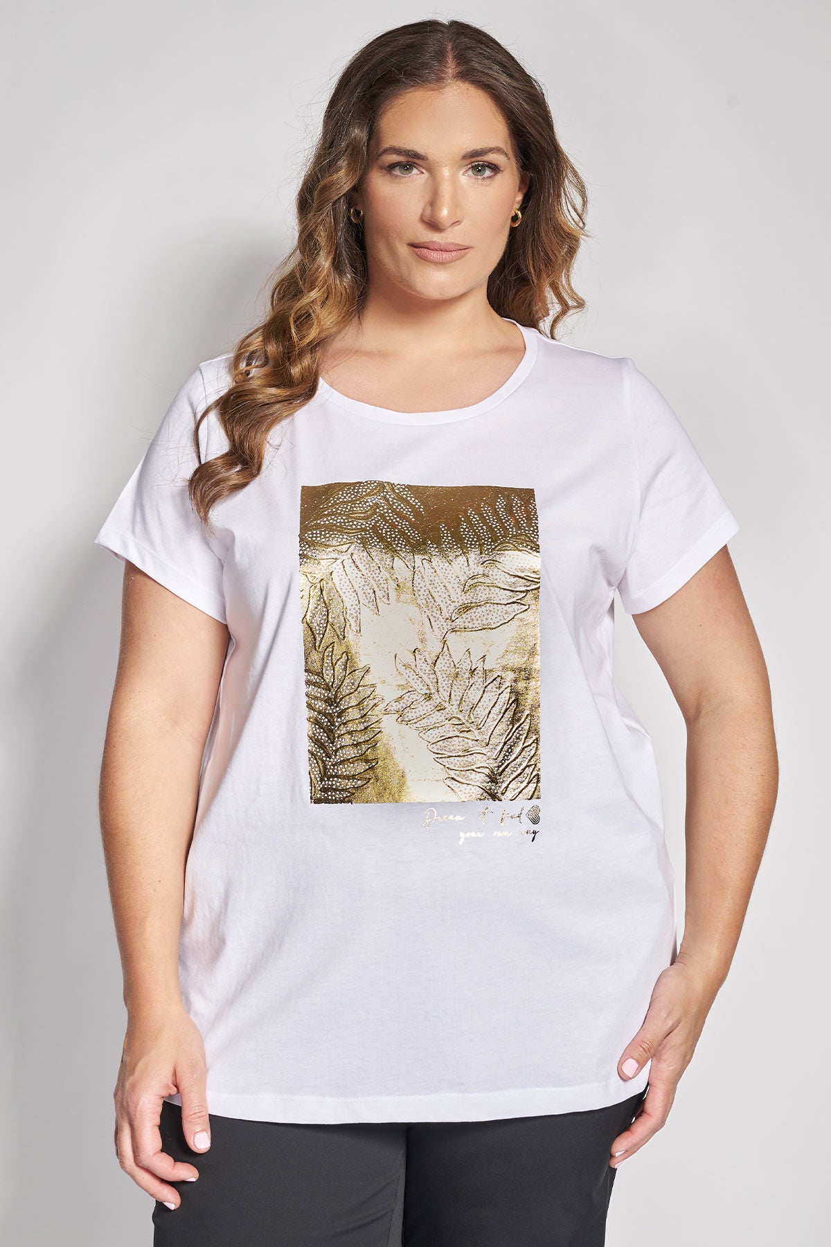 T-Shirt Μπλούζα με Foil Τύπωμα Φύλλων και Strass - Άσπρο