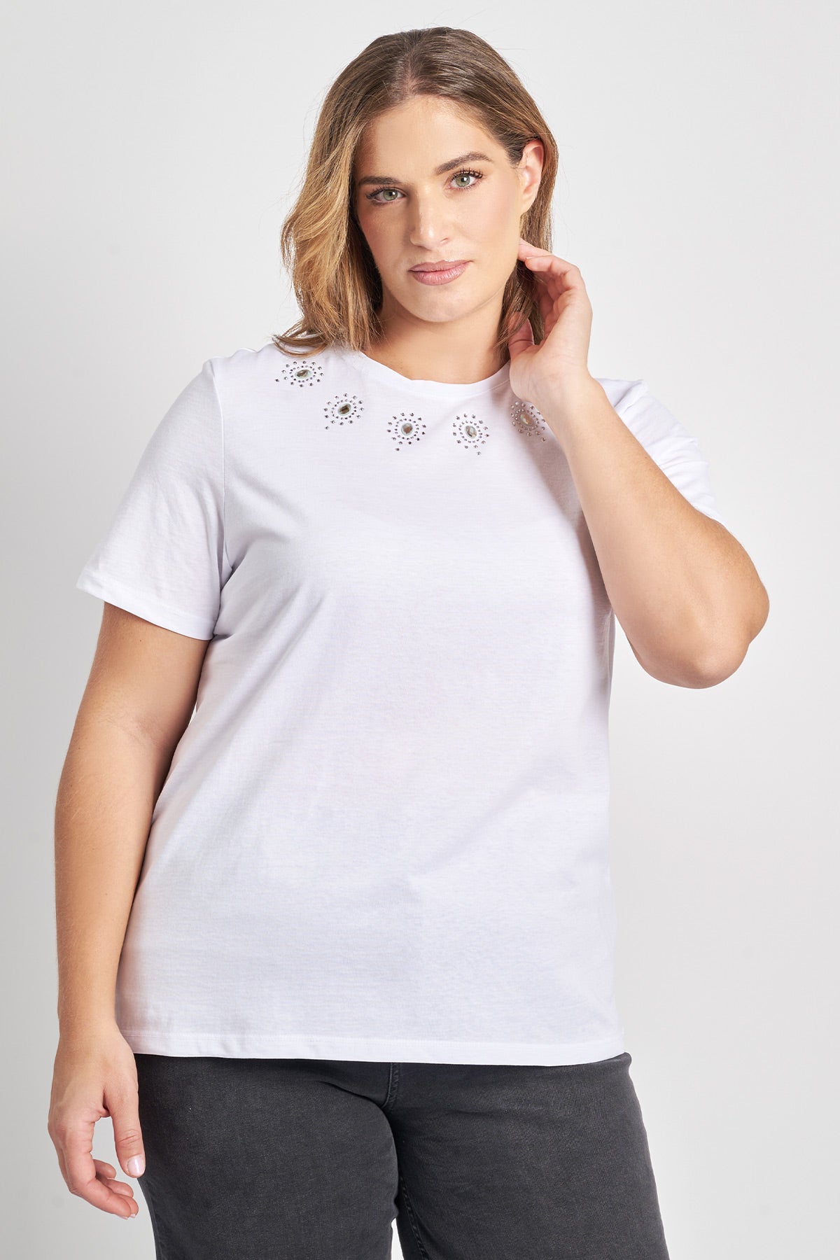 T-shirt βαμβακερό με στρας - Άσπρο
