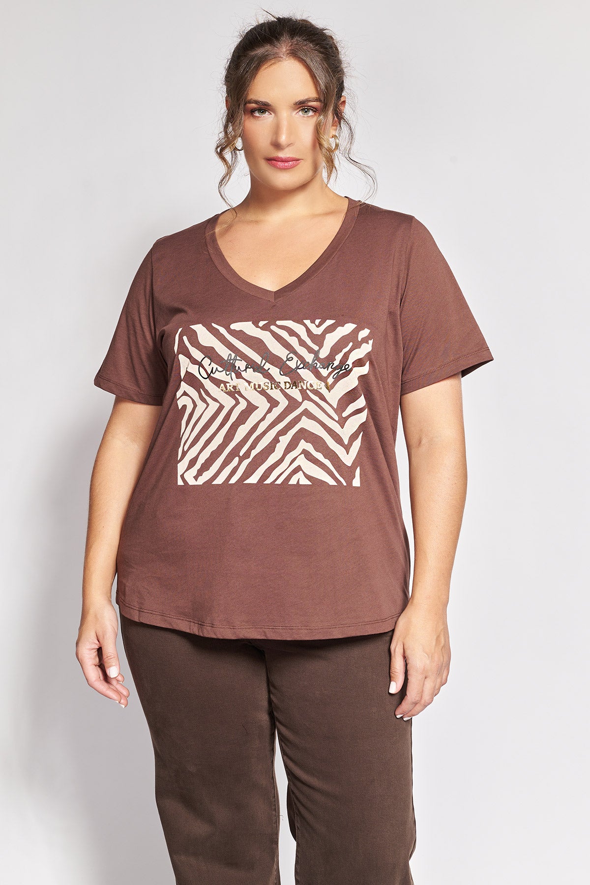 T-shirt βαμβακερό με V και στάμπα animal print - Καφέ