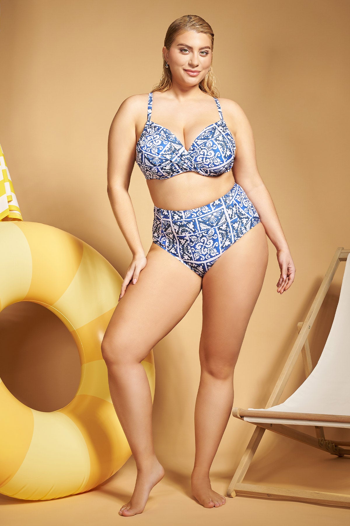 Draped Top Bikini in Tile-Print - Blue