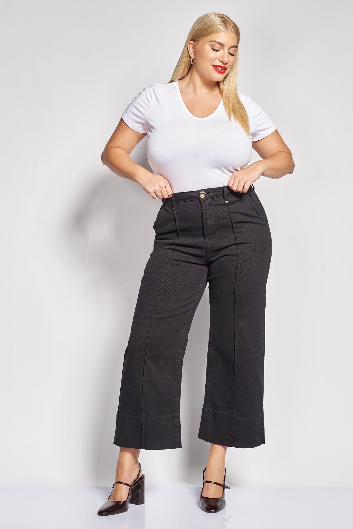 Τζιν παντελόνι cropped wide leg με νερβίρ μπροστά - Μαύρο