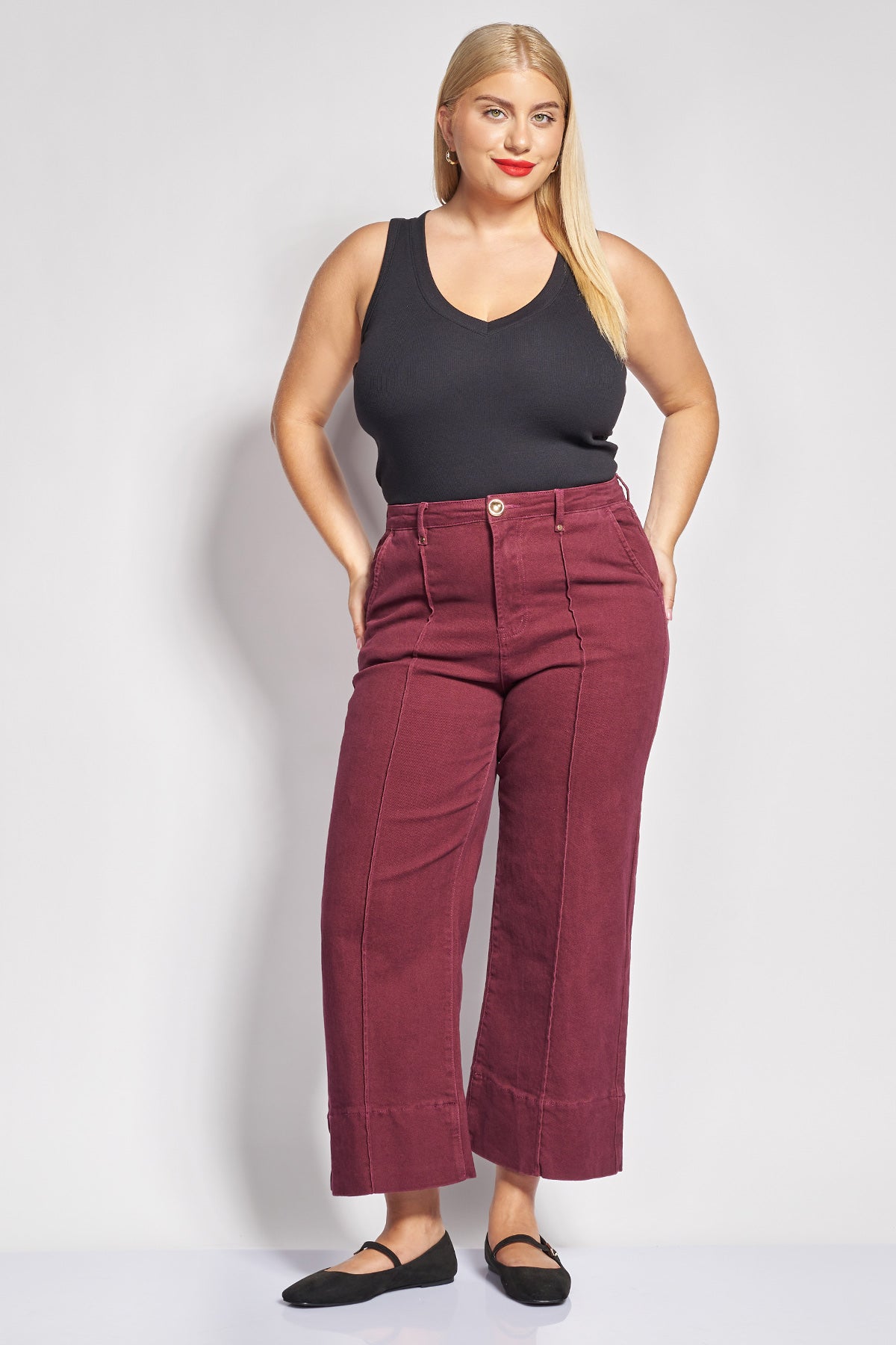 Τζιν παντελόνι cropped wide leg με νερβίρ μπροστά - Μπορντω