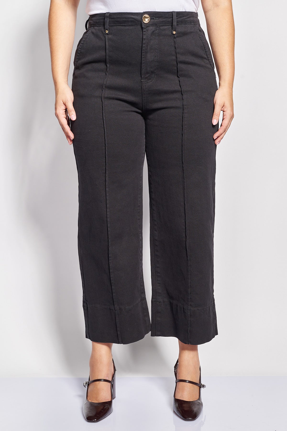 Τζιν παντελόνι cropped wide leg με νερβίρ μπροστά - Μαύρο